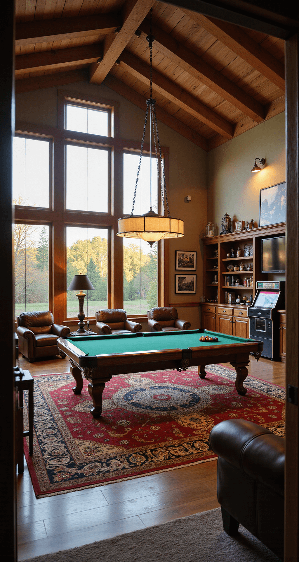 A spacious game room featuring high vaulted ceilings and exposed wooden beams, illuminated by golden afternoon light. A vintage pool table in the center, surrounded by plush leather armchairs, a custom bar, retro arcade cabinets with neon lights, and a large 4K TV, all adorned with memorabilia and a stylish area rug.