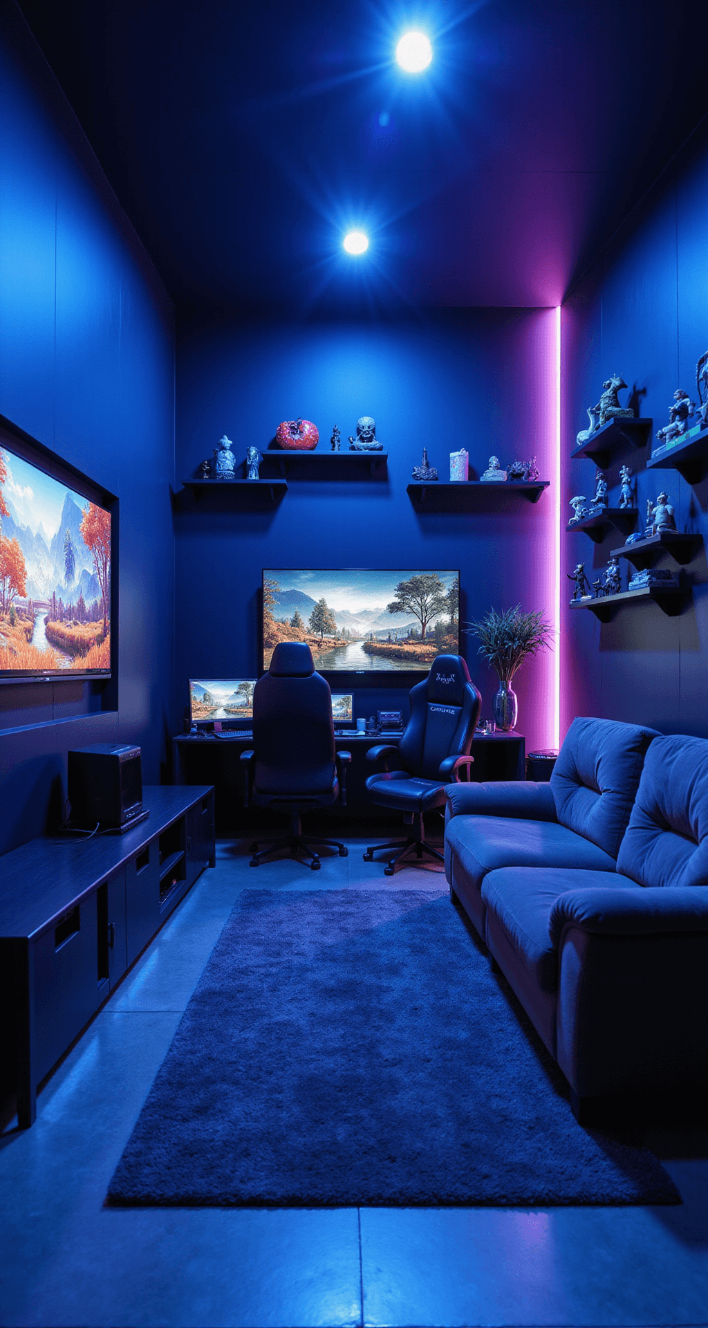 Intimate gaming den with modern aesthetics, LED lighting in blue and purple, custom-built gaming station with multiple monitors, VR setup, L-shaped sofa facing curved OLED TV, gaming memorabilia on floating shelves, dark walls with geometric patterns, polished concrete floor, low-angle shot highlighting high-tech equipment and ambiance.
