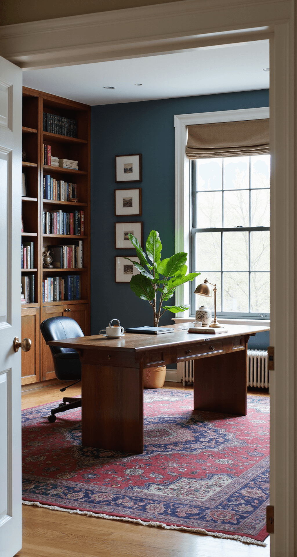 A sophisticated home office in a Bloxburg big house featuring built-in bookshelves, a large window with Roman shade, an executive walnut desk with a leather chair, a gallery wall of framed prints, a fiddle leaf fig plant, an Oriental rug, and brass desk accessories, all illuminated by bright natural light.