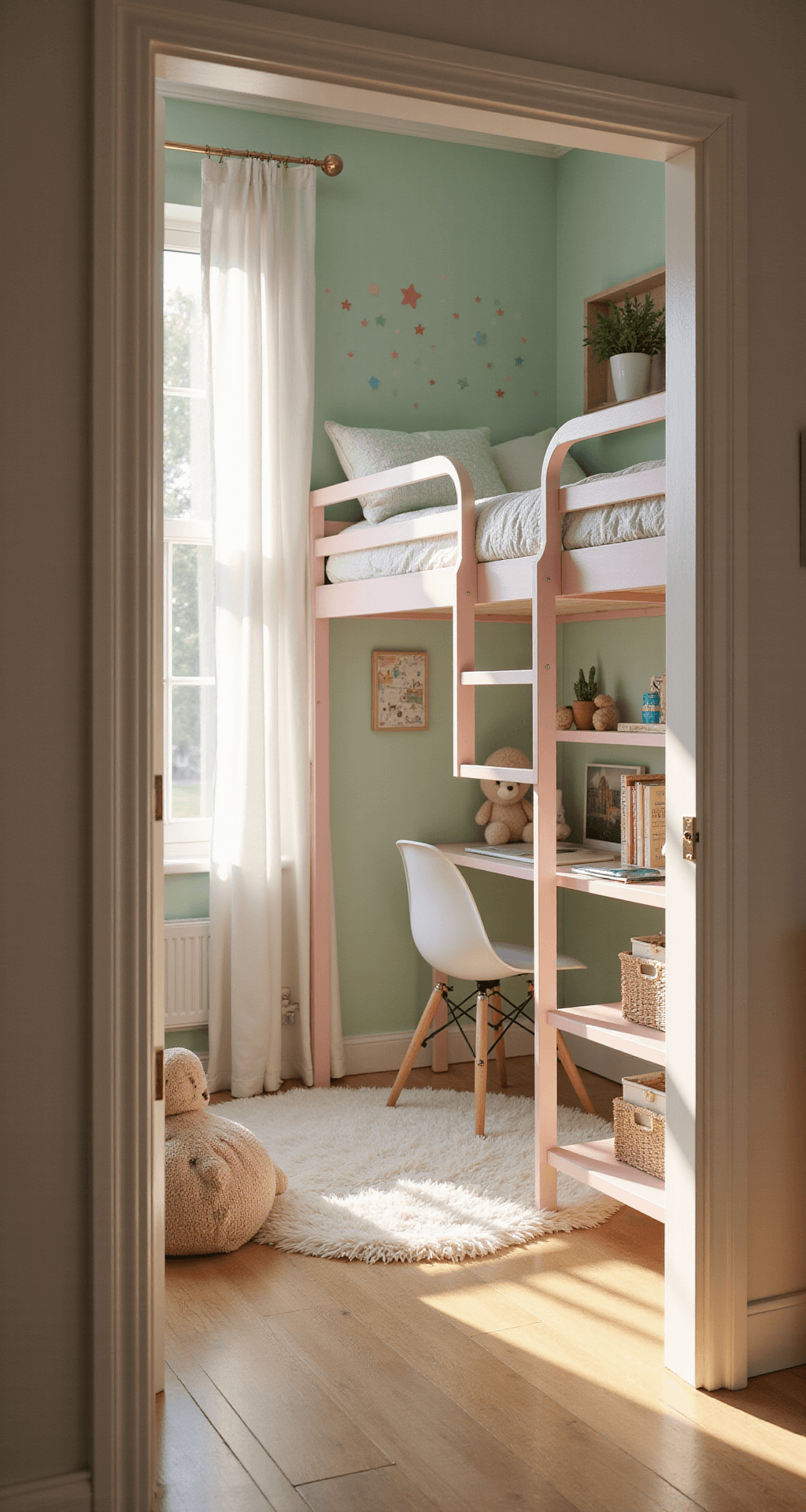 A cozy 5x5 Bloxburg bedroom with a loft bed and pastel pink ladder, featuring a study nook beneath, mint green walls with fairy lights, a fluffy white rug, and floating shelves filled with books and plush toys, bathed in soft afternoon light.