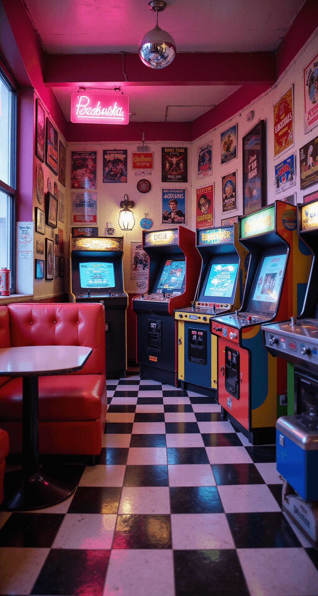 A vibrant retro arcade filled with restored arcade cabinets, checkered flooring, neon accents, and 80s memorabilia, illuminated by colorful lights and a spinning disco ball, evoking a nostalgic atmosphere.