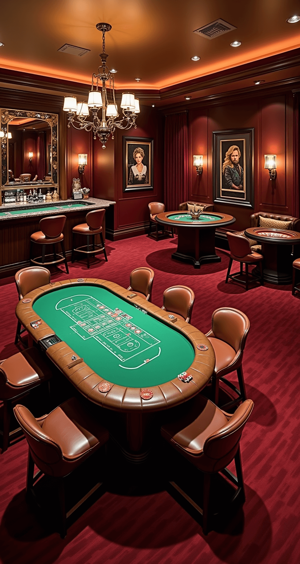 A luxurious game room featuring burgundy walls, plush carpeting, a custom poker table, roulette wheel, and craps table, with a fully-stocked bar and intimate seating areas, all illuminated by warm, ambient lighting and art deco accents.