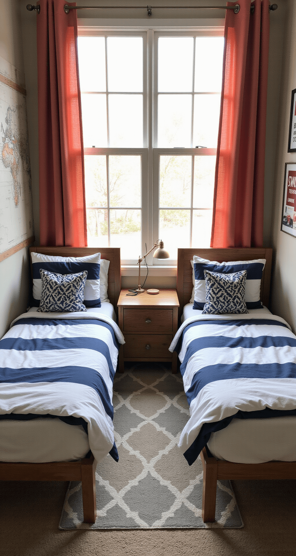 A bird's-eye view of a 6x6 shared Bloxburg bedroom for siblings, featuring two twin beds with navy and white striped bedding, a large window with coral curtains, a geometric patterned rug, a muted world map mural on one wall, and framed adventure-themed prints on the opposite wall, with under-bed drawers and a shared wardrobe for storage, all illuminated by morning sunlight.