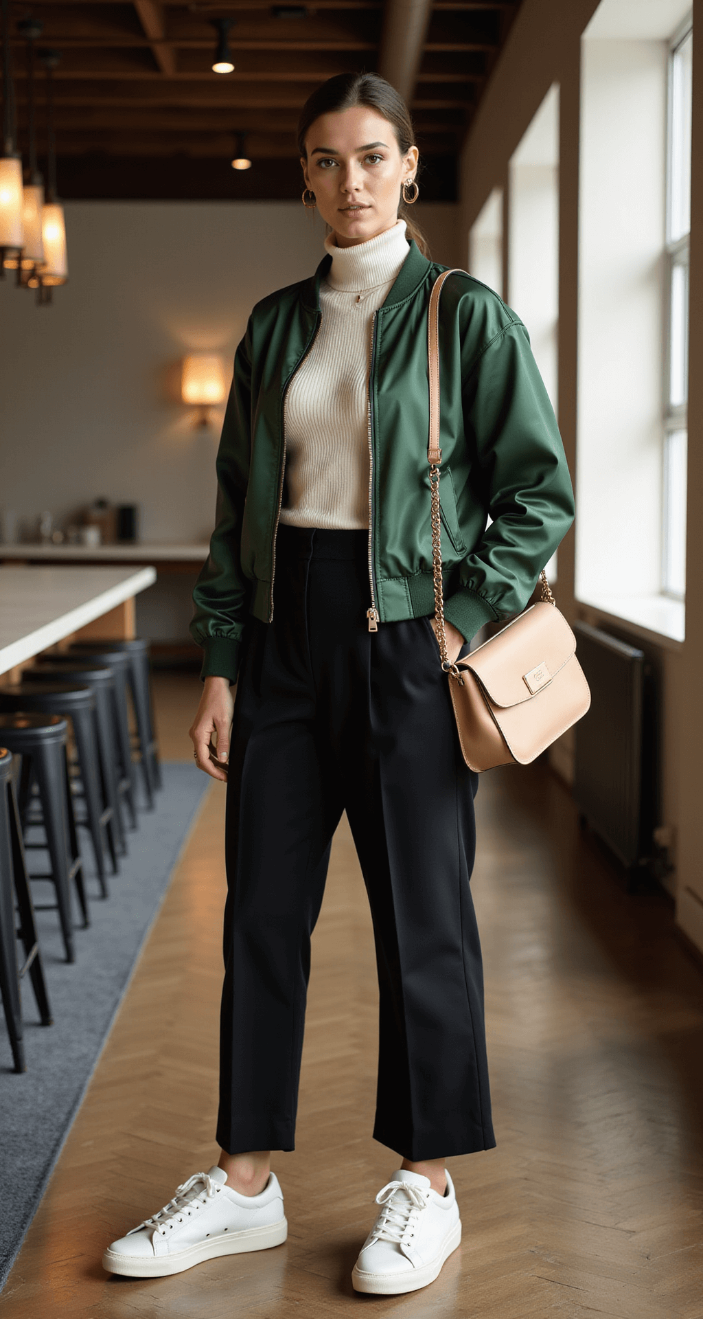 Game Day Glam: Your Ultimate Guide to Basketball Game Outfits (That Actually Work) A model in a contemporary arena lounge area wears black high-waist straight leg trousers, a fitted cream turtleneck, and an oversized deep green satin bomber jacket. She is accessorized with white leather low-top sneakers, a gold-tone chain bracelet, and a structured beige leather shoulder bag, captured in diffused indoor lighting while interacting with her environment.
