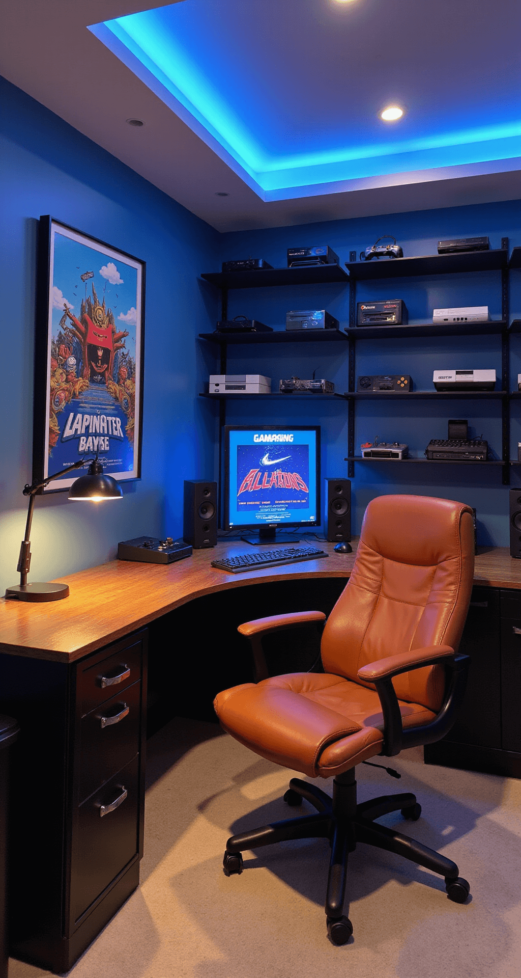Retro-inspired gaming room featuring deep blue walls adorned with vintage gaming posters in black frames. An L-shaped wooden desk with cable management sits prominently, while a classic arcade cabinet in the corner glows with ambient LED light. A burnt orange leather gaming chair complements the space, and metal floating shelves display a classic console collection. The room is captured from an elevated angle during blue hour, primarily illuminated by warm LED strips and accent lights.