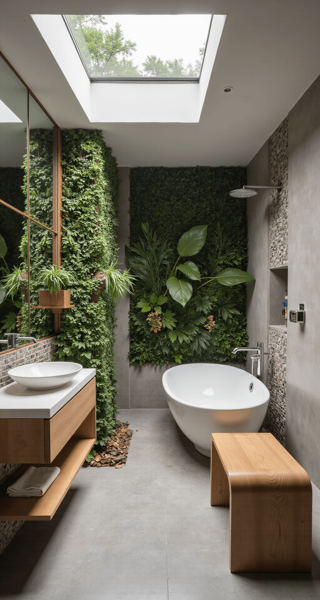 Zen bathroom sanctuary featuring a spa-inspired design with a floating bleached oak vanity, oversized soaking tub, and pebble tile wall. A living wall of tropical plants enhances the ambiance, complemented by a teak shower bench and bamboo accents. Skylight and diffused lighting create a calming atmosphere, captured in a high angle shot.