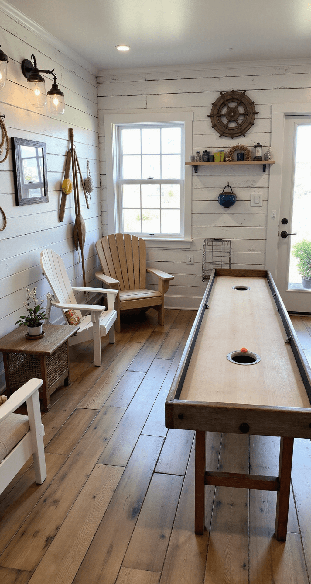 A cozy 16x20 ft nautical-themed game room with whitewashed shiplap walls and hardwood floors, featuring a boat-inspired shuffleboard table, a porthole window bar, Adirondack chairs, a lobster trap coffee table, and maritime artifacts, all bathed in natural light from a large picture window.