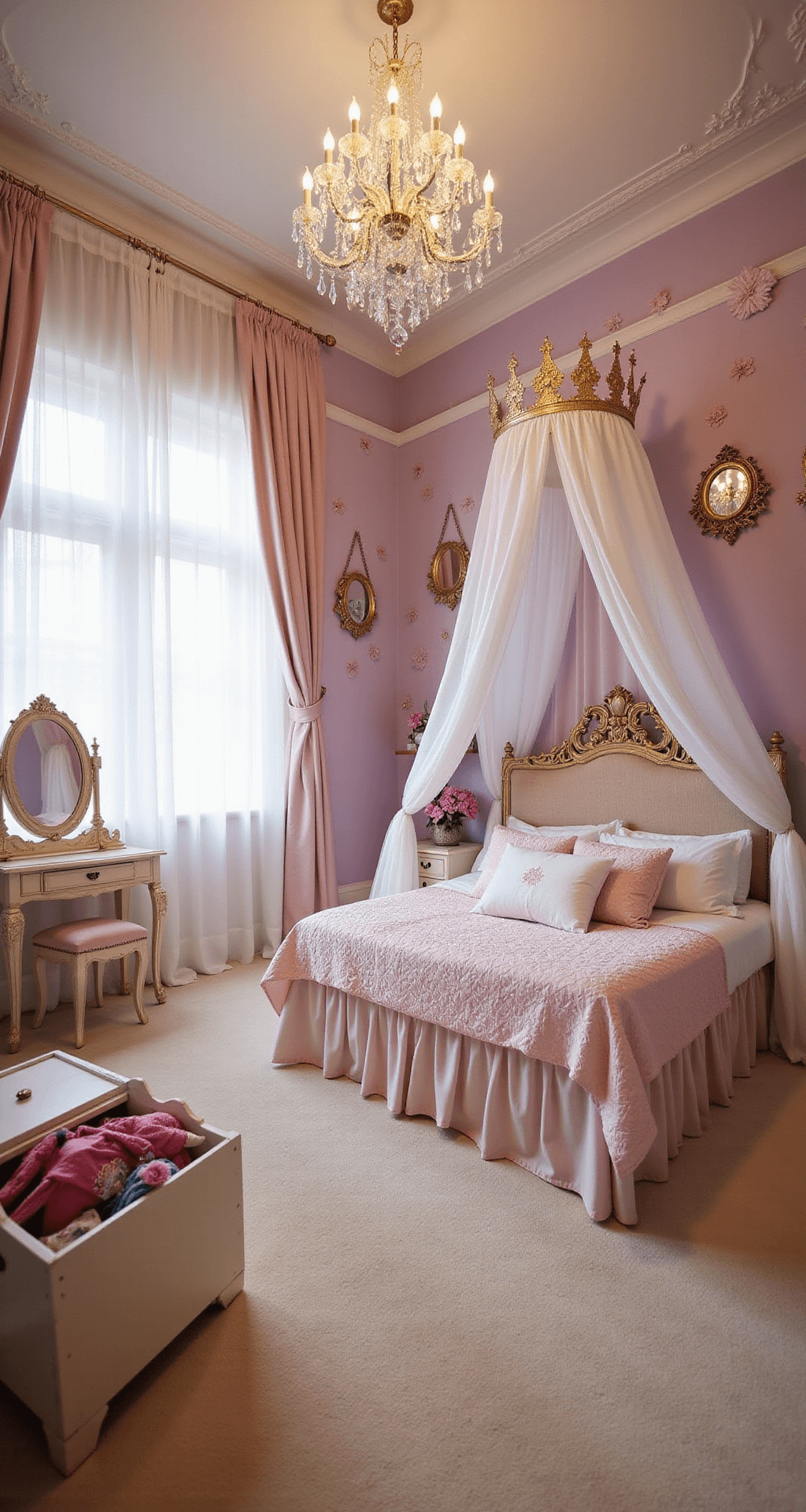 A whimsical princess-themed bedroom featuring a canopy bed with tulle drapes and a gold crown headboard, surrounded by lavender walls adorned with ornate mirrors and floral decals. A miniature vanity with a heart-shaped mirror sits in one corner and a toy chest filled with dress-up clothes in another. Plush ivory carpeting enhances the luxurious feel, all illuminated by warm, golden lighting under a sparkling chandelier. The scene is viewed from a low angle to highlight its magical decor.
