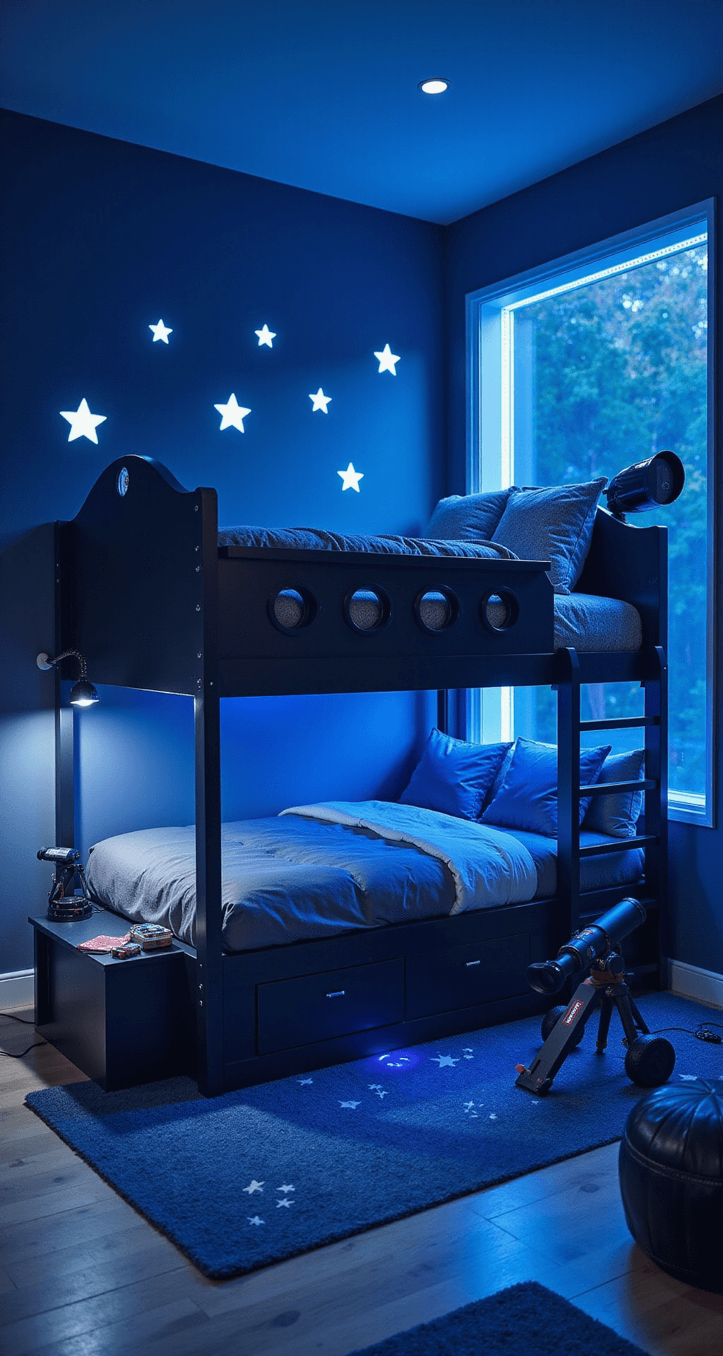 A modern 5x5 Bloxburg bedroom with a space exploration theme, featuring a sleek loft bed resembling a rocket ship, illuminated by LED lights, a play area with a telescope, dark blue walls adorned with glow-in-the-dark star stickers, and a floating gaming desk, all captured from a corner angle.