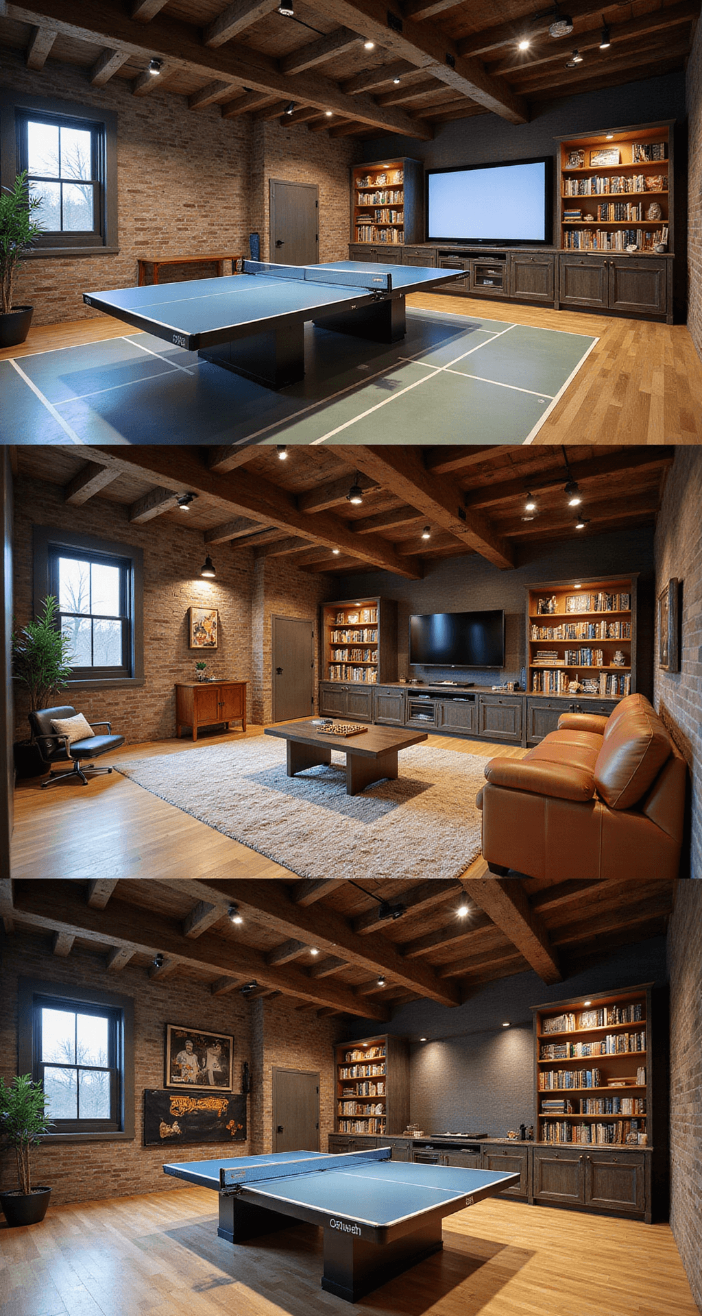 An eclectic game room featuring distinct zones for table tennis, a reading nook, a media center with gaming consoles, and modular furniture for board games, illuminated by track lighting on exposed beams.