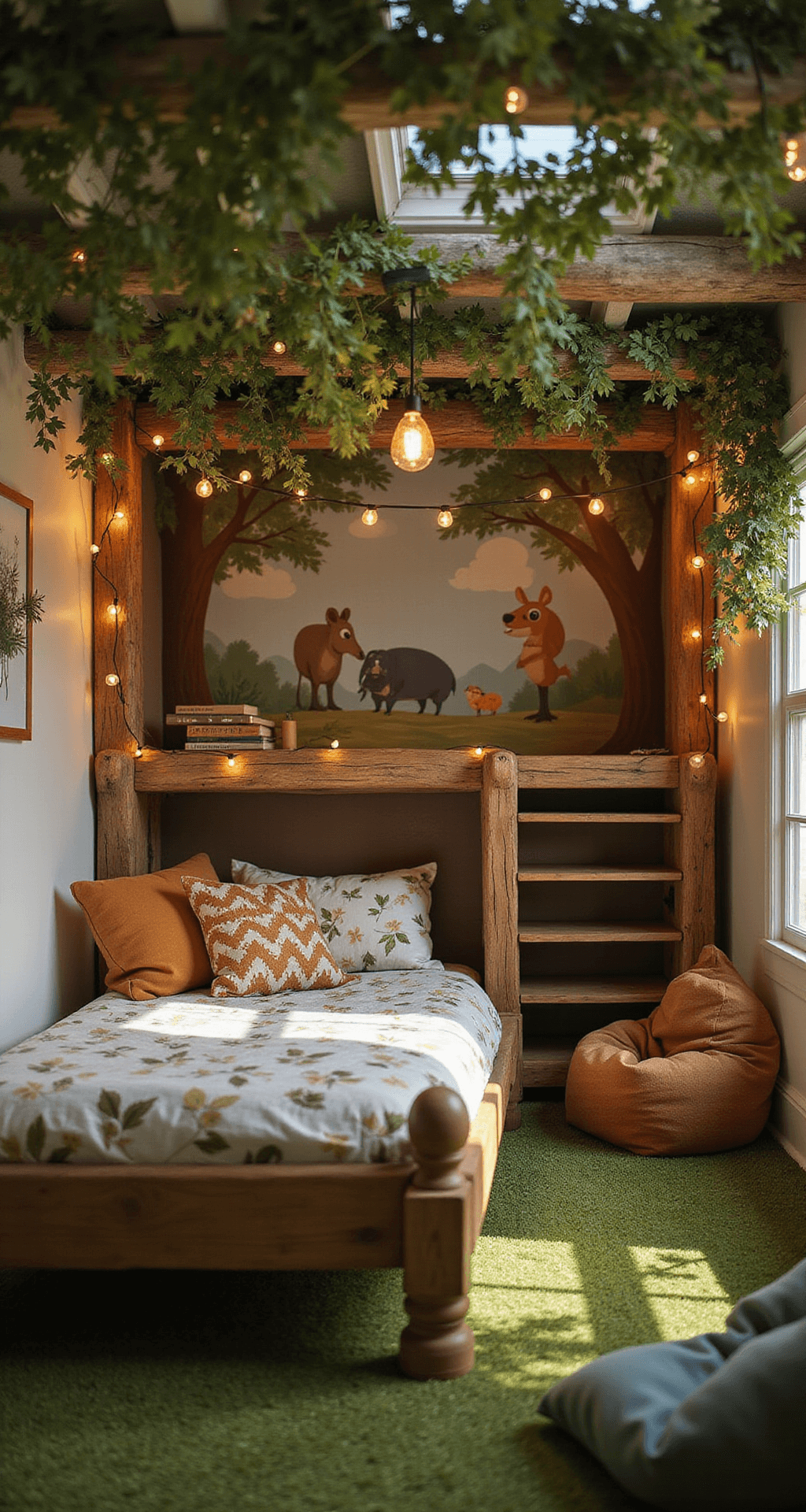 Cozy woodland-themed bedroom with treehouse-style bed, leaf-patterned bedding, faux ivy and string lights, hand-painted mural of forest animals, reading nook with bean bag chair, tree trunk bookshelf, and grass-textured rug, all bathed in warm golden hour light.