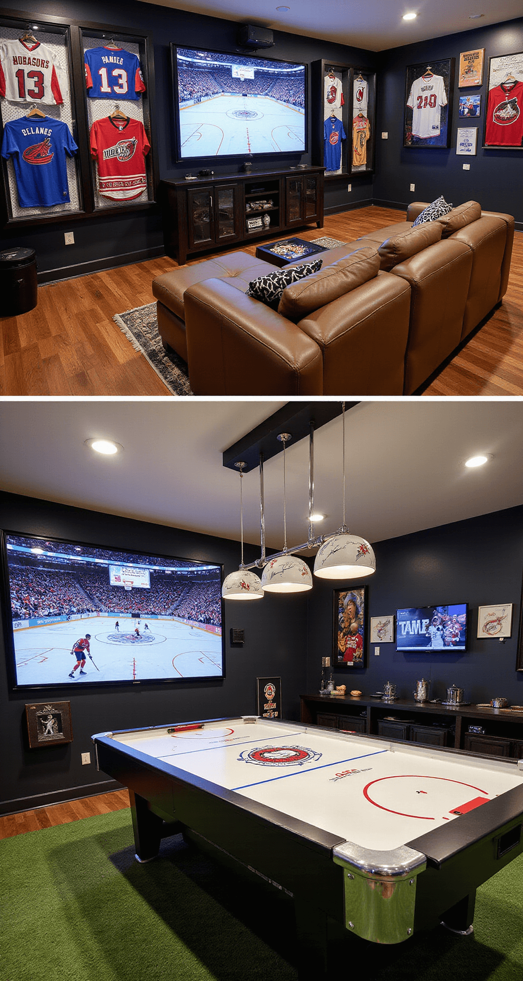 A vibrant sports-themed game room featuring a massive LED scoreboard, custom air hockey table, scaled-down basketball hoop, electronic dartboard, sports memorabilia display cases, signed jerseys, and a leather sectional facing a multi-screen TV, with hardwood and artificial turf flooring, illuminated by pendant lights shaped like sports balls.