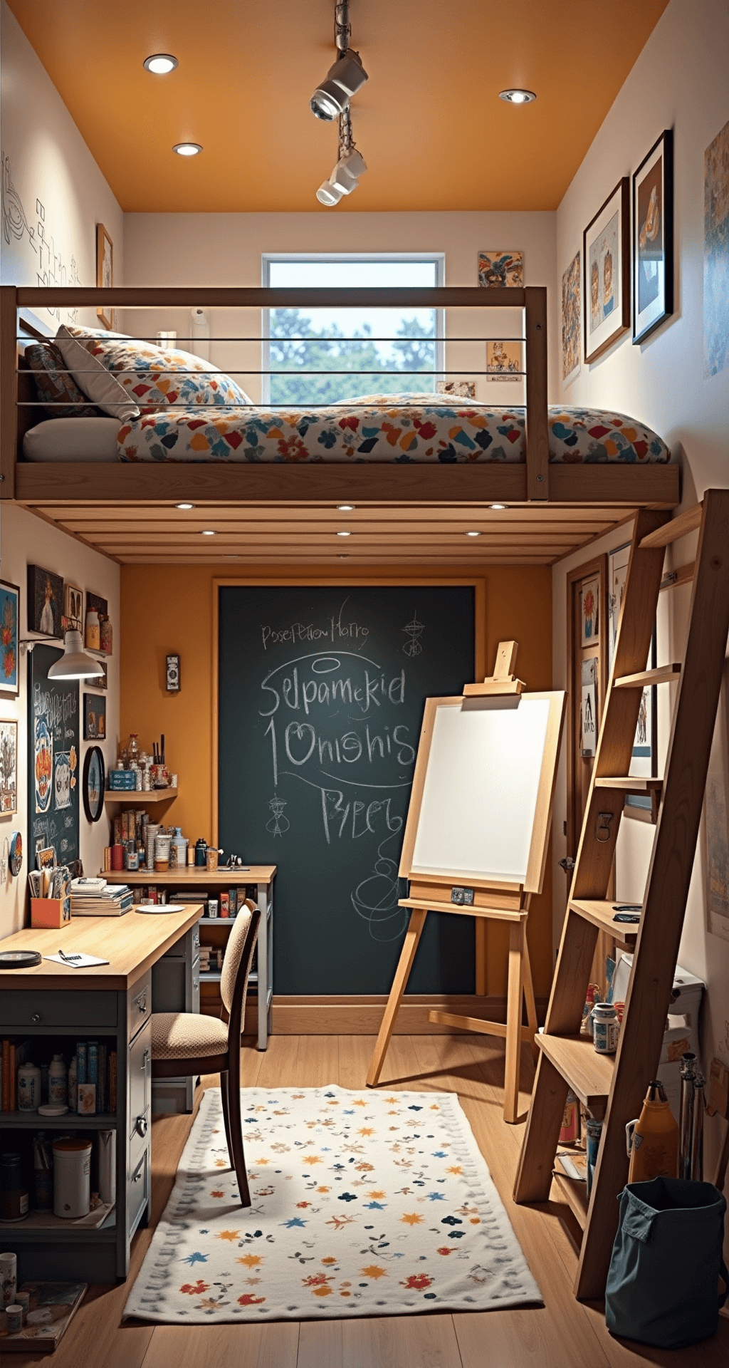 A vibrant Bloxburg art studio bedroom with track lighting, featuring a loft bed above a creative workspace with an easel, art supply cart, and large drafting table, a chalkboard wall, framed artwork gallery, floating shelves, pegboards for tools, and a paint-splattered drop cloth on the floor, captured in bright, even lighting.