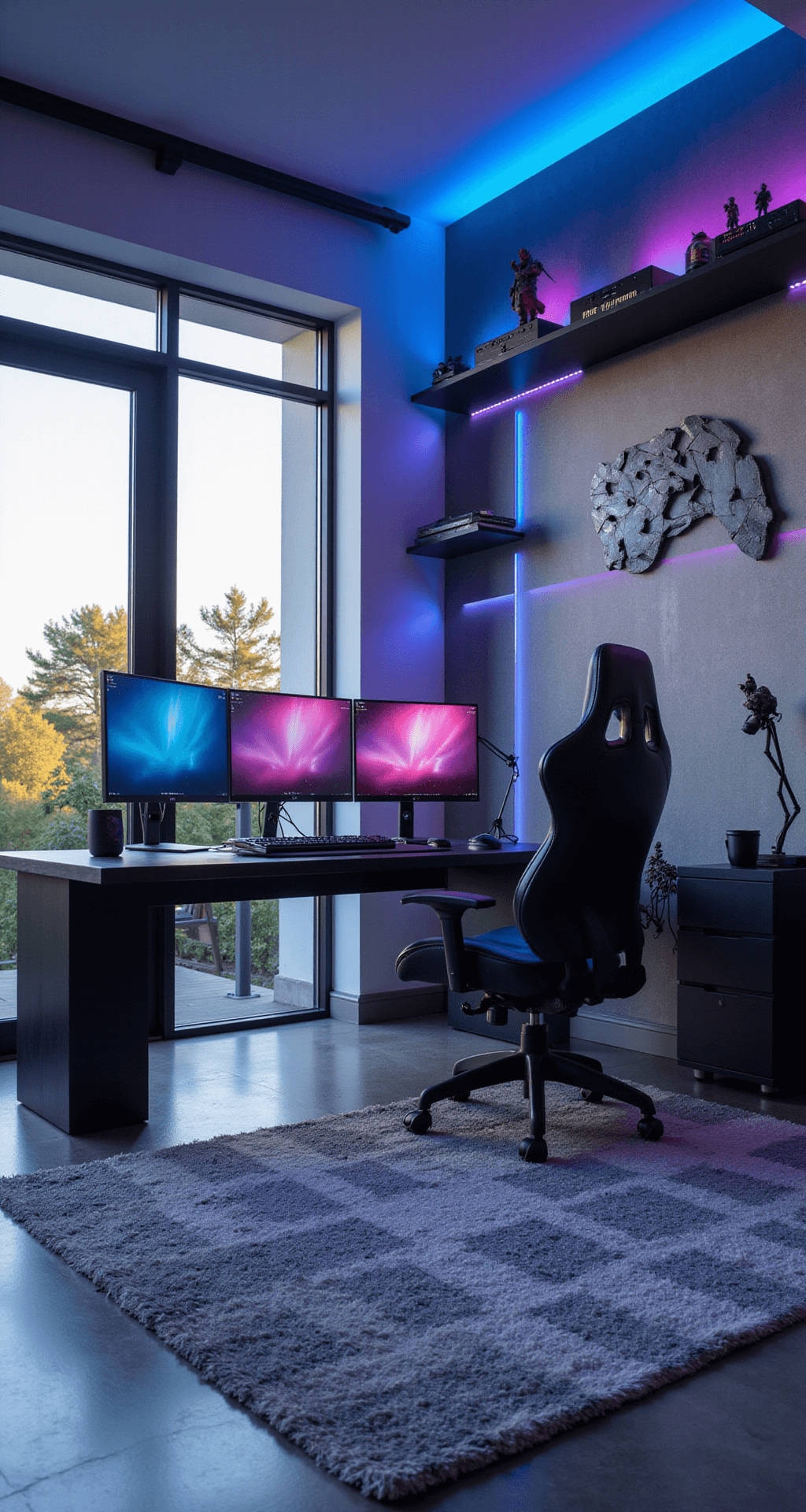 A modern tech wizard's game room featuring a sleek gaming desk with triple monitors, RGB keyboard, ergonomic chairs, LED light strips, collectible figurines on a floating shelf, and a large metal wall sculpture, all illuminated by late afternoon sunlight through floor-to-ceiling windows.