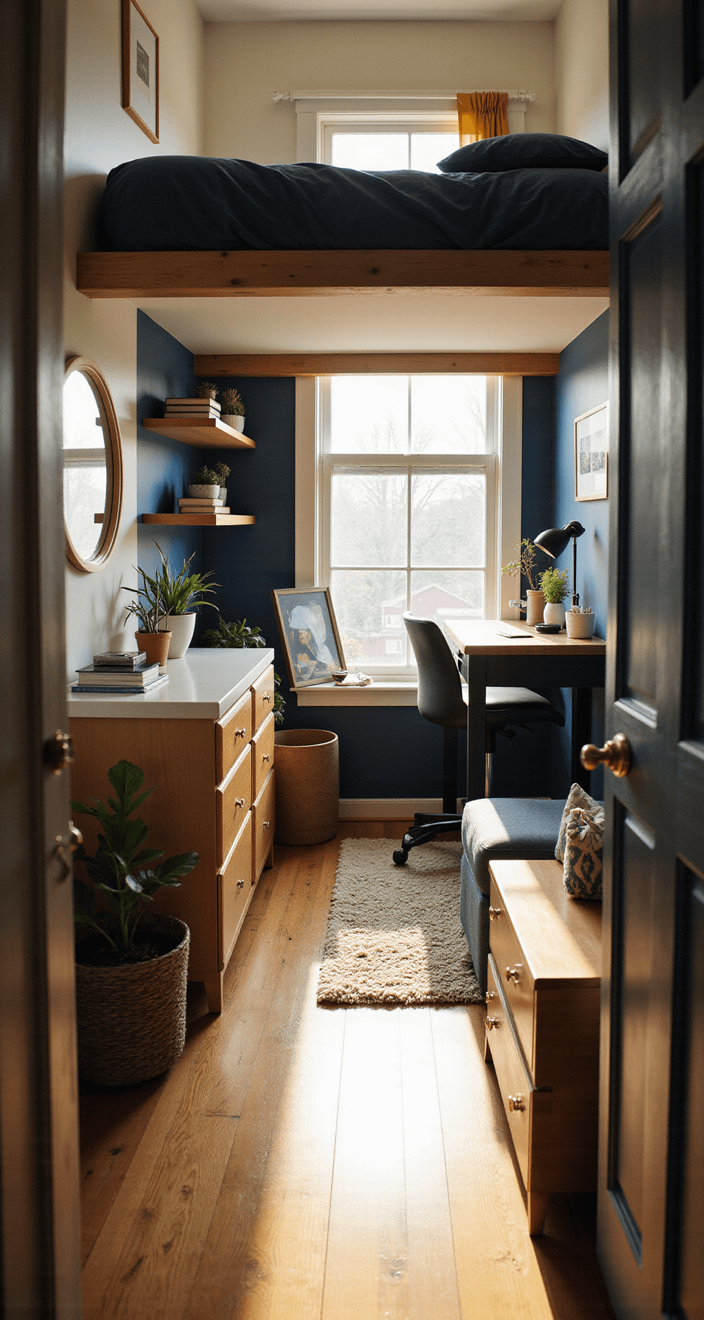 Cozy 3x3 Bloxburg bedroom with a lofted bed, warm afternoon light shining through a small window, a compact workspace with a wall-mounted desk and floating shelves, navy and white color scheme with mustard yellow accents, round mirror above a slim dresser, textured bedding, and a shag rug, captured from a low angle near the door to emphasize vertical space and storage solutions.