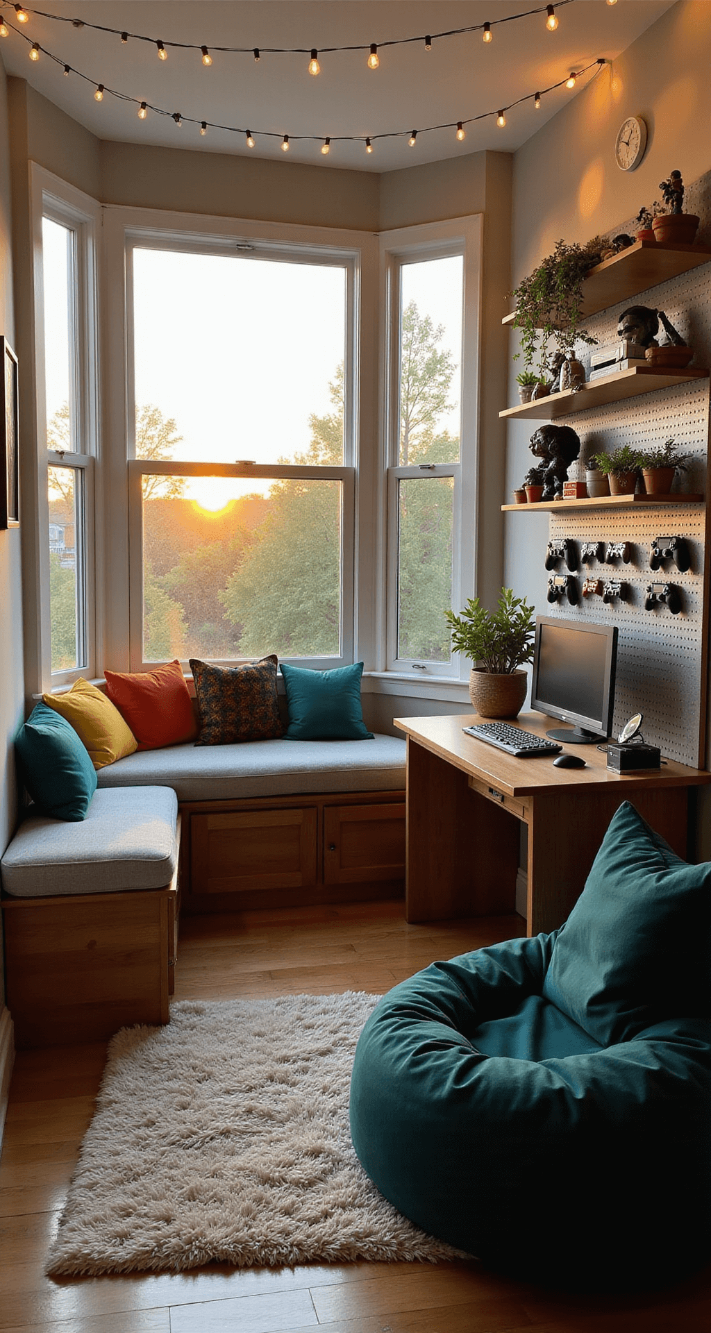 Cozy gaming nook bathed in golden hour sunlight, featuring plush window seats with colorful pillows, a compact L-shaped desk with console setup, floating shelves with plants and figurines, a deep forest green bean bag chair, warm wood flooring, a soft cream rug, and whimsical string lights.