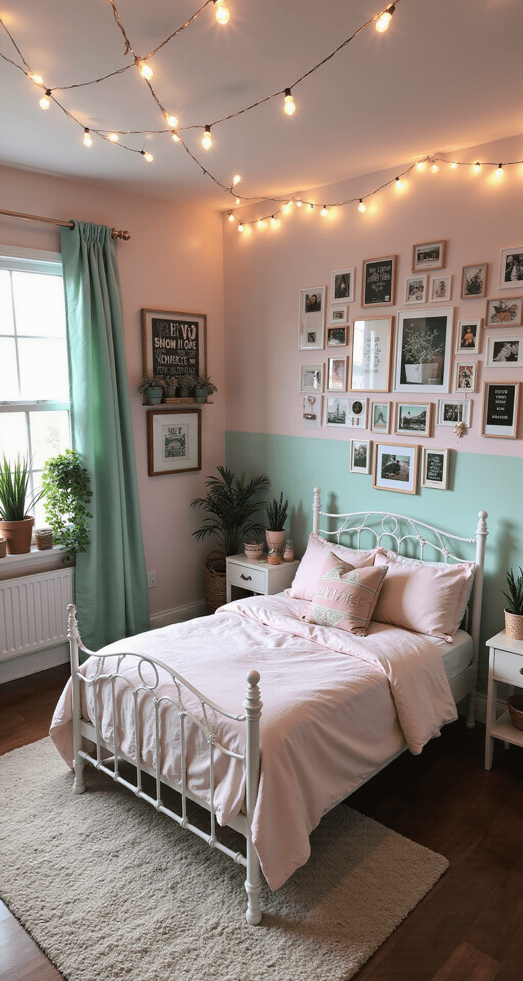 A trendy teen Bloxburg bedroom featuring pastel pink and mint green decor, a white iron bed, a gallery wall of Polaroid photos and motivational quotes, and abundant potted plants, all illuminated by the soft twilight glow of string lights.