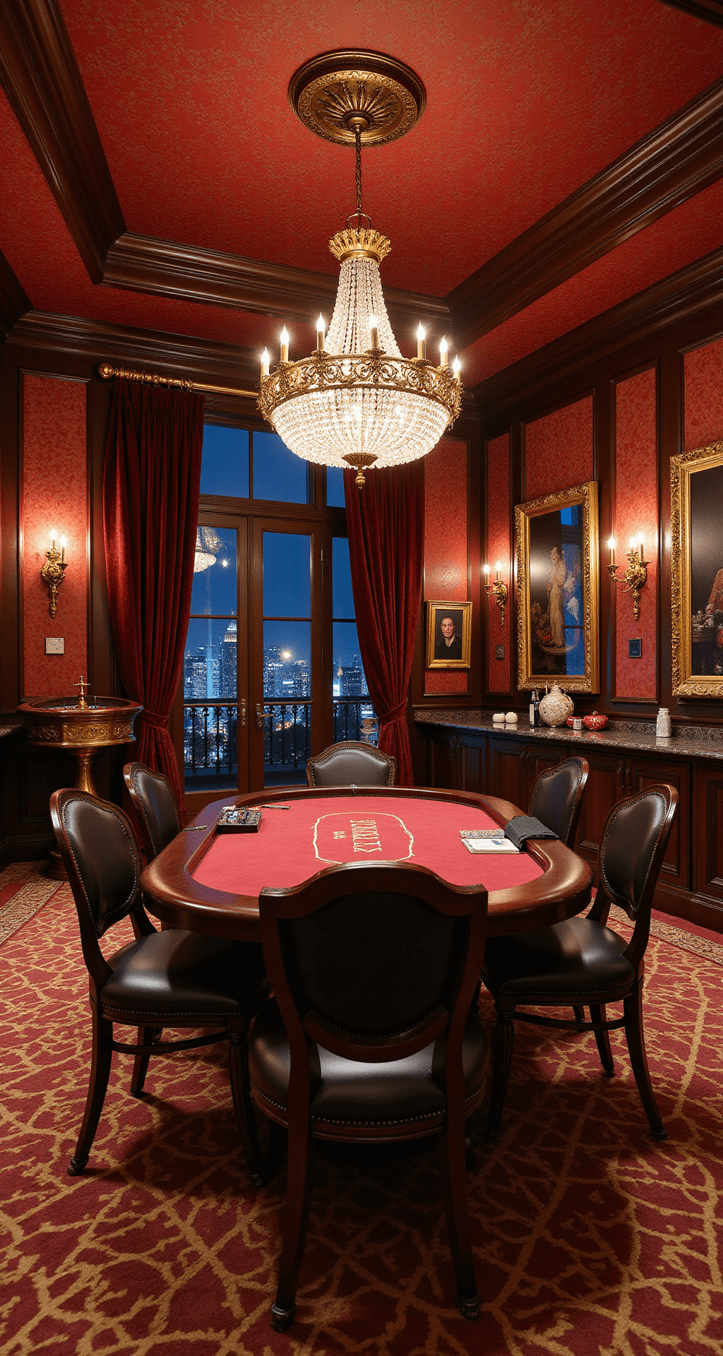 A luxurious casino-inspired game room featuring a poker table, leather chairs, a wet bar, and a vintage roulette wheel, illuminated by crystal chandeliers and ambient sconces, with mahogany paneling, deep red wallpaper, plush velvet curtains, and a geometric patterned carpet.