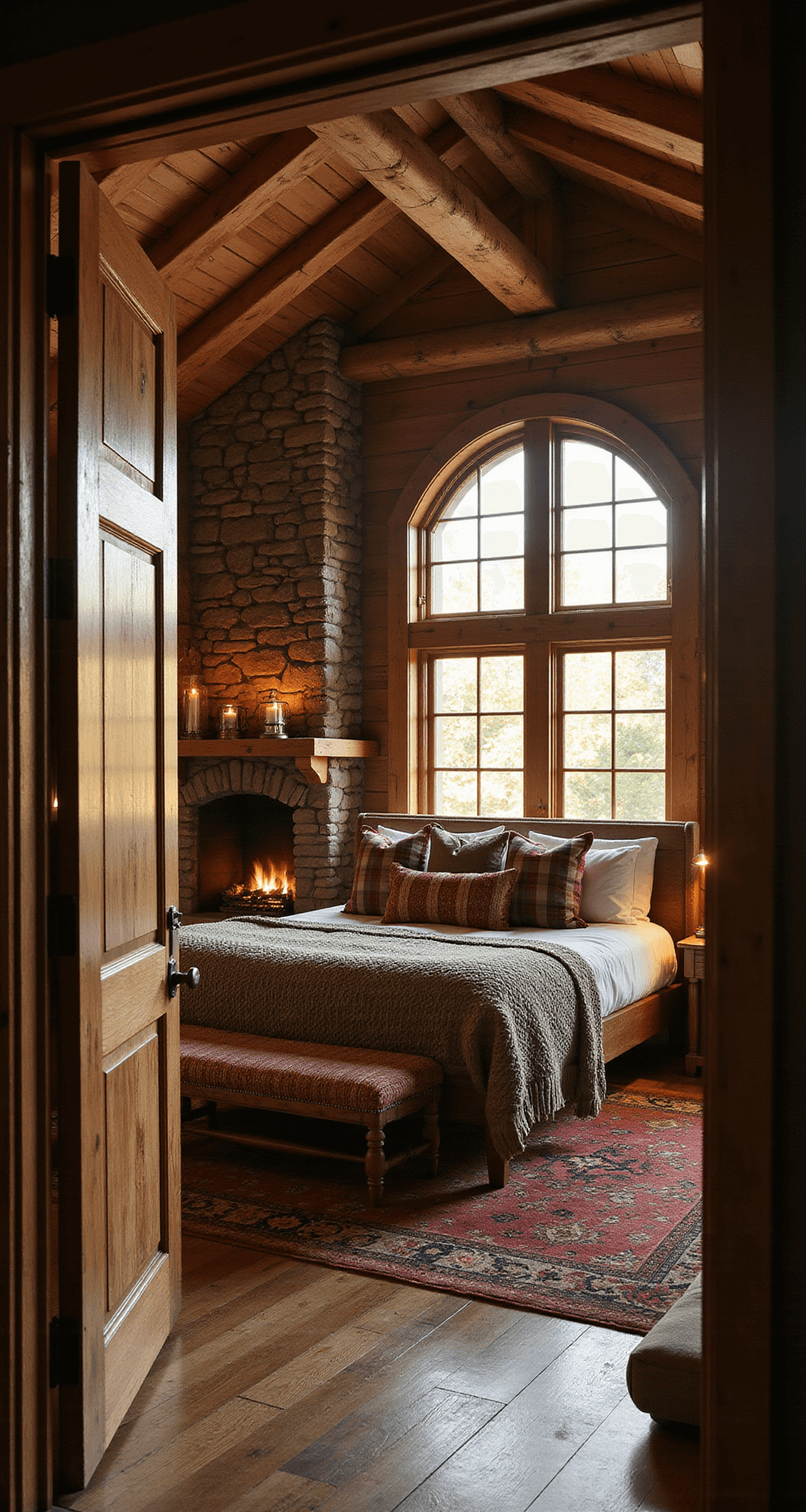 A cozy rustic Bloxburg bedroom retreat featuring a king-size bed with a chunky knit throw and plaid pillows, illuminated by golden hour light through cabin-style windows, with rough-hewn wooden beams and a stone fireplace adorned with antique lanterns, all in warm earth tones.