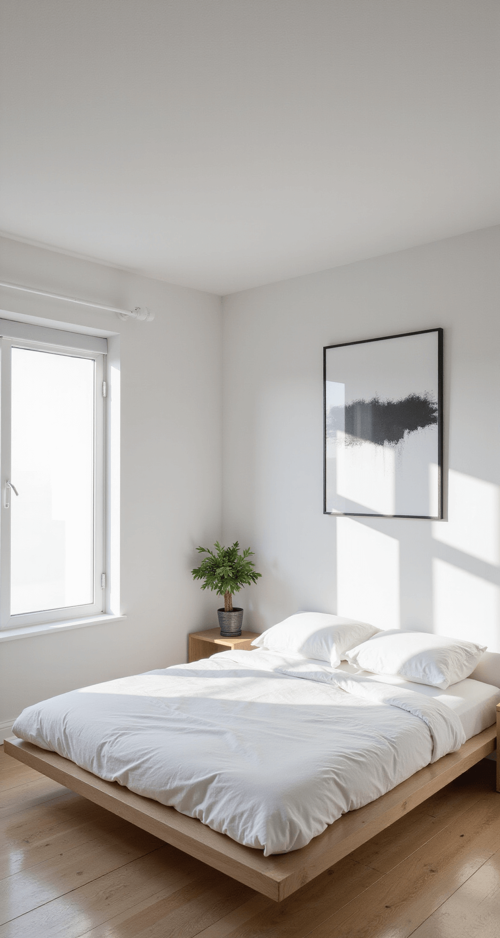 A minimalist Bloxburg bedroom featuring a low platform bed with white linens on light wood flooring, bright sunlight casting shadows, a green succulent on a floating shelf, and abstract black and white artwork above, all captured from a raised perspective.