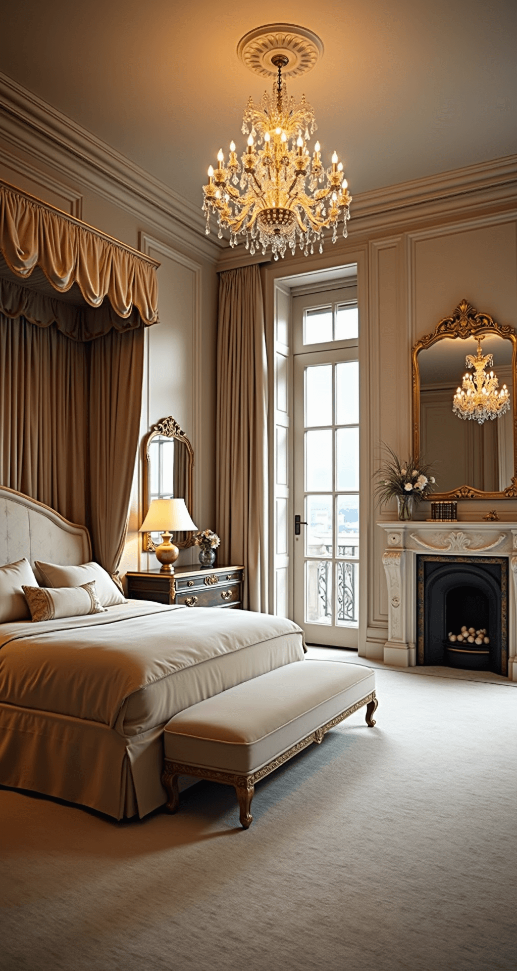 A luxurious Bloxburg suite featuring a massive silk-canopied bed, illuminated by soft evening light from floor-to-ceiling windows, with a crystal chandelier overhead, plush cream carpeting, gold accents, a marble fireplace, and double doors leading to a spacious walk-in closet.