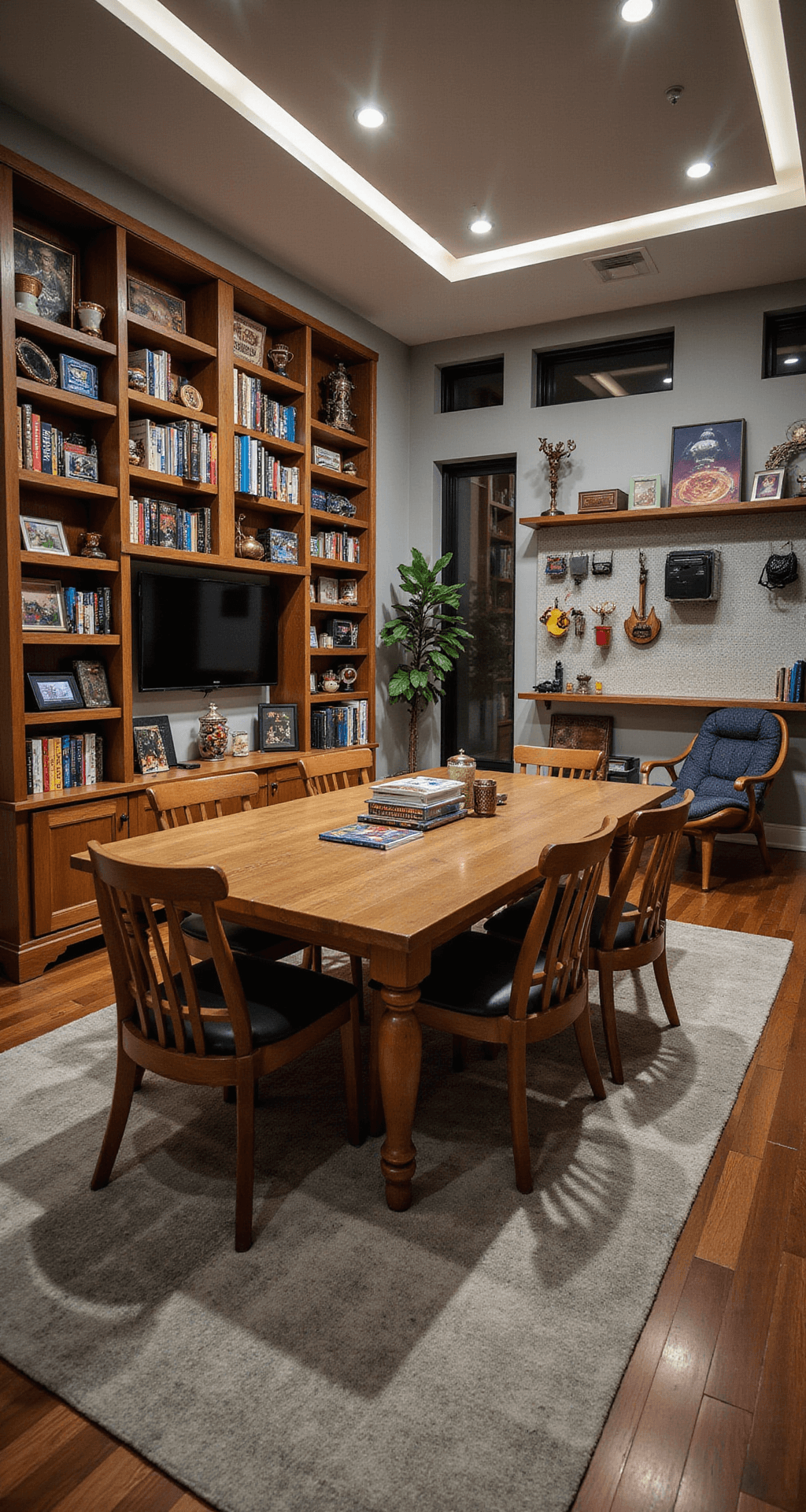 A versatile game room featuring LED lighting, a floor-to-ceiling bookshelf with games, a large dining table, a wall-mounted TV with trophies, a cozy reading nook with a papasan chair, and a pegboard for organized accessories, all set on hardwood flooring with a geometric-patterned rug.