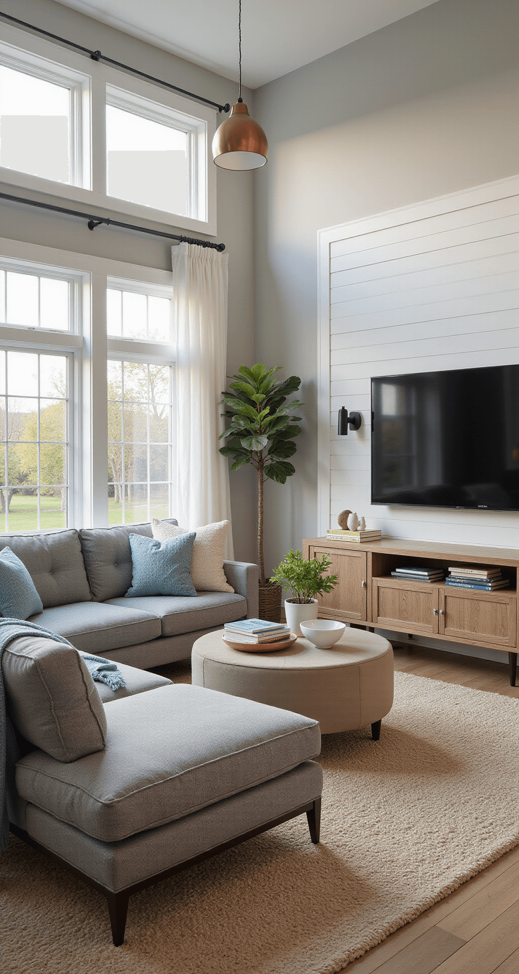 Bloxburg House Ideas: Ultimate 2-Floor Layout Guide for Gamers Interior view of a spacious Bloxburg family living room featuring a large grey sectional sofa, modern entertainment unit, and coastal decor with seafoam accents, illuminated by warm afternoon sunlight filtering through sheer white curtains.