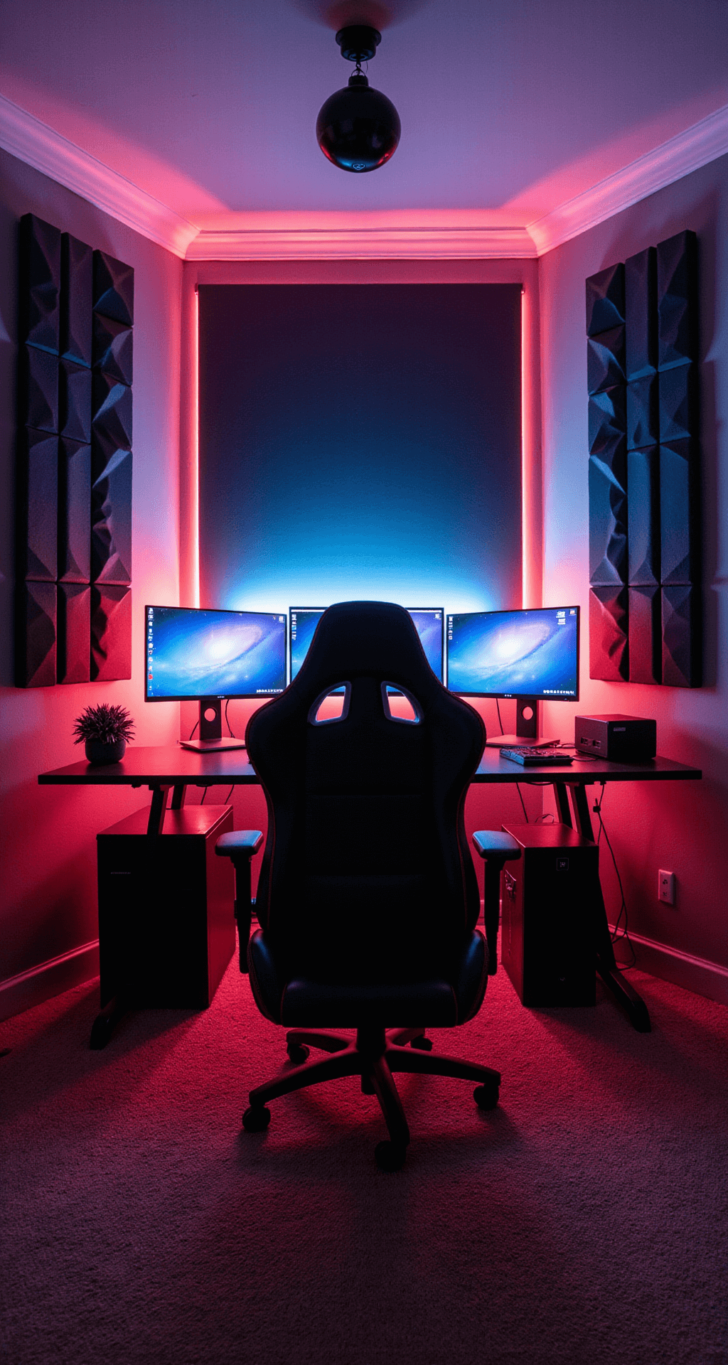 Professional streamer setup in a corner bedroom featuring geometric acoustic panels on dark grey walls, a triple monitor array on gas-powered arms above a motorized standing desk, a professional lighting rig, and a premium racing-style gaming chair in black and red, all illuminated by dramatic side lighting from RGB panels.