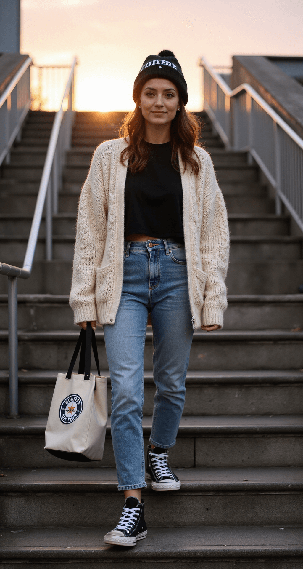Game Day Glam: Your Ultimate Guide to Basketball Game Outfits (That Actually Work) Silhouette of a person wearing vintage-wash mom jeans, a cropped black thermal top, and a chunky cream cable knit cardigan, walking up stadium steps at sunset. They are in high-top black Converse, carrying a canvas tote bag with a team logo, and wearing a beanie in team colors, with simple silver studs in their ears.