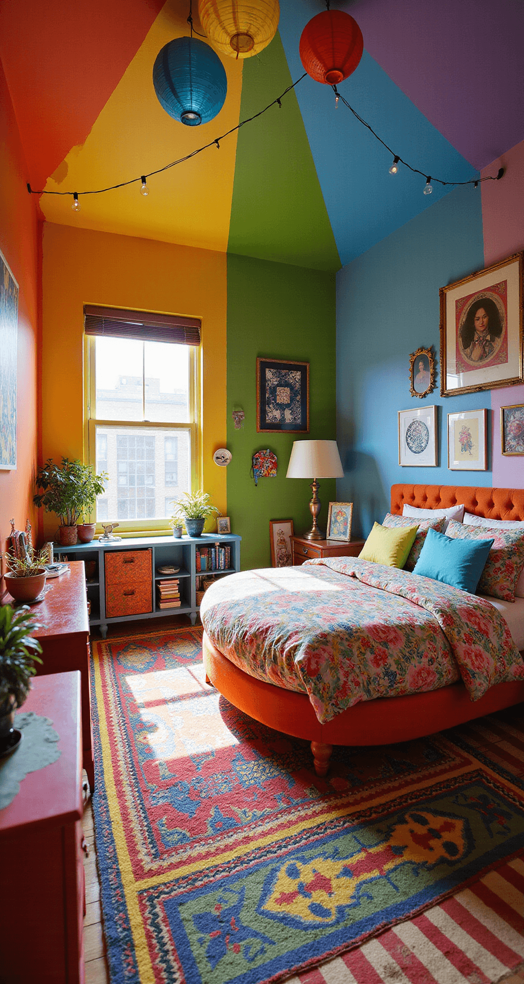 A vibrant Bloxburg bedroom featuring a circular bed with multicolored bedding, mismatched furniture in bold hues, and colorful walls embodying 'rainbow explosion chic,' illuminated by midday sunlight and adorned with string lights, paper lanterns, and quirky accessories.
