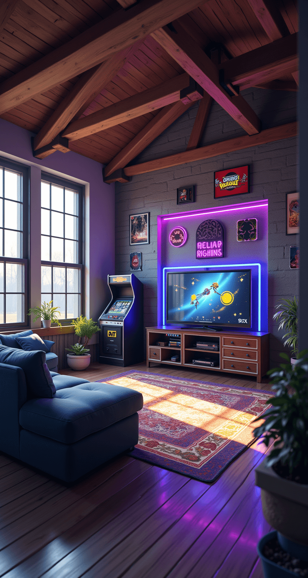 A spacious game room featuring exposed wooden beams and large windows, illuminated by late afternoon sunlight. A vintage arcade cabinet is in one corner, while a sleek gaming PC setup is on the opposite wall. The room is decorated with a blend of retro and modern elements, including neon signs and gaming posters. A plush L-shaped sofa faces a large 4K TV, with a color palette of deep blues, electric purples, and warm wood tones. The elevated wide shot captures the entire layout, showcasing a nostalgic yet cutting-edge atmosphere with mixed natural and LED lighting.