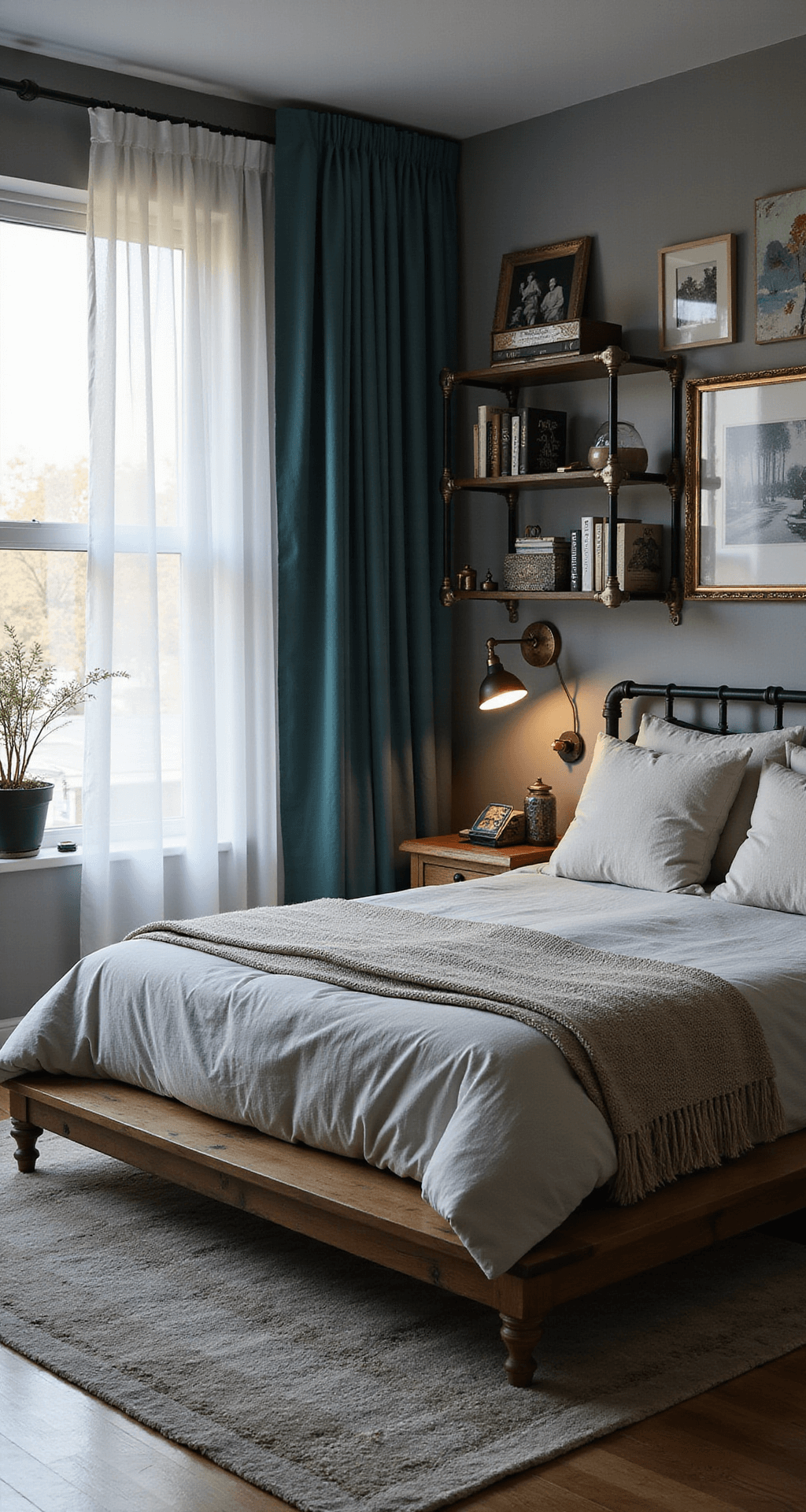 A Bloxburg bedroom featuring a mix of modern and Victorian styles, seen from an elevated corner view. Soft dusk light filters through sheer curtains, highlighting a modern platform bed, ornate side tables, industrial pipe shelving with gadgets and vintage books, and a gallery wall of abstract art and family photos, all in a cool gray, warm wood, and teal color palette.