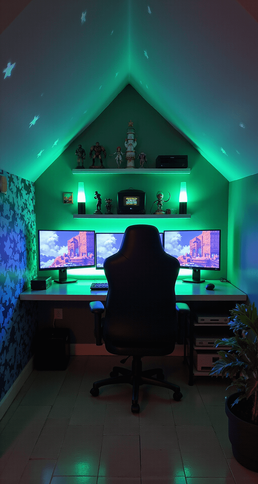 A cozy attic game nook featuring slanted ceilings adorned with glow-in-the-dark stars, illuminated by soft light from lava lamps and a green code lamp. A custom gaming chair faces three curved monitors on a floating desk, surrounded by floating shelves showcasing gaming figurines and retro consoles. The walls display hand-painted pixel art murals, with a muted grey color scheme accented by neon green and blue. The eye-level shot captures the intimate, immersive atmosphere of the space.