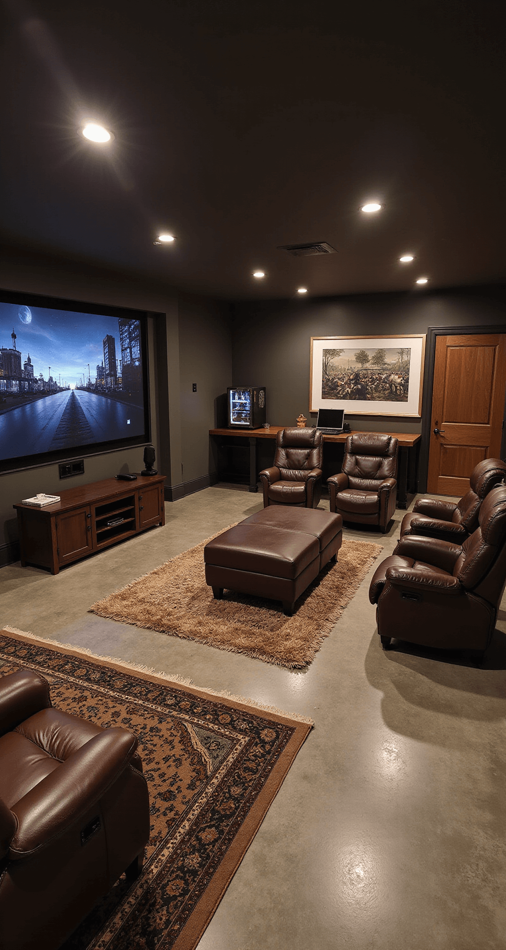 An upscale gaming lounge in a spacious basement, featuring polished concrete floors, plush area rugs, a central gaming island with a high-end PC and reclining leather chairs, a massive projector screen, a mini-bar, and strategically placed speakers, all illuminated by warm recessed lighting in a palette of rich browns, deep blacks, and metallic accents.