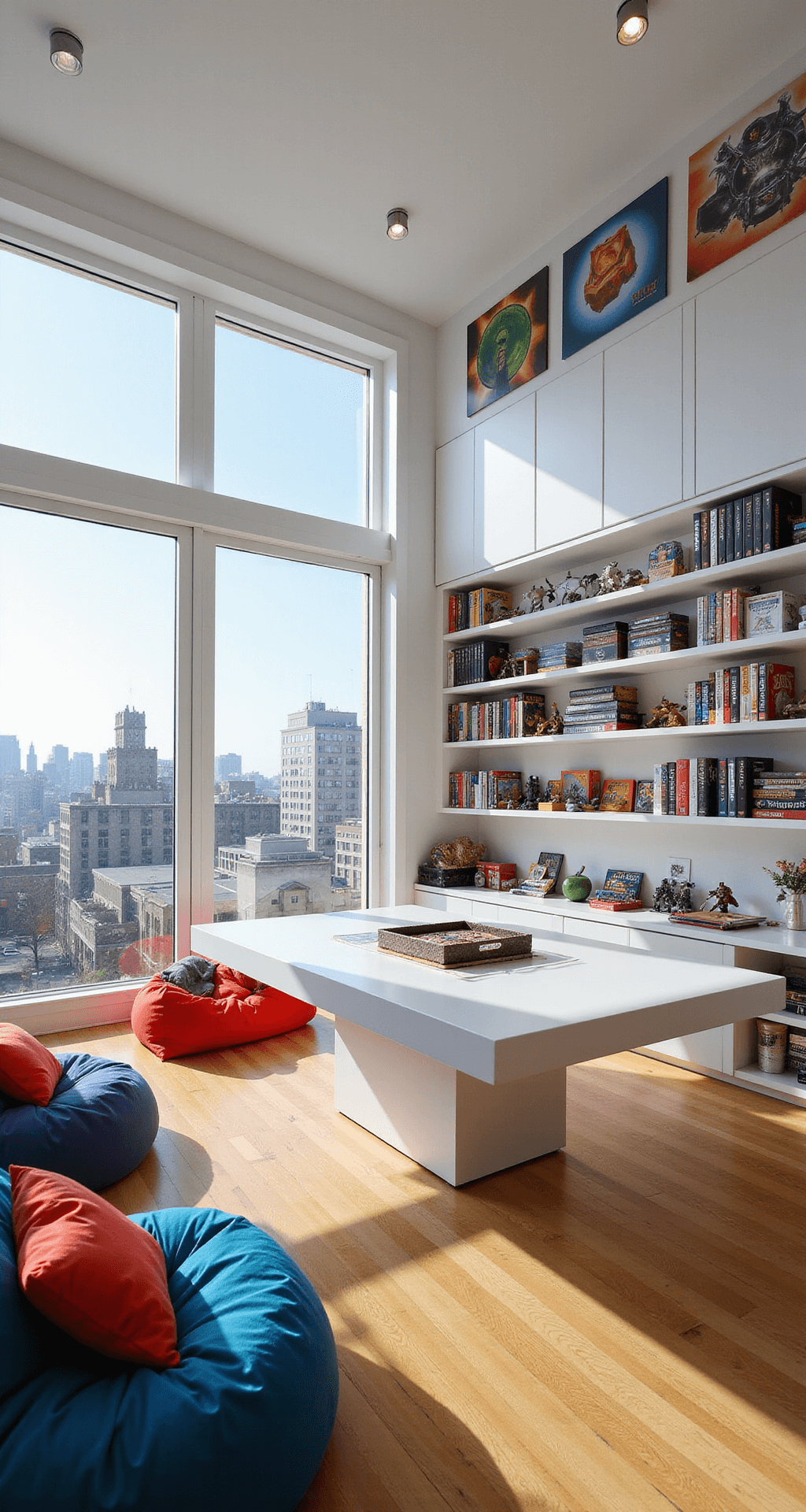 A spacious 15x18 ft game room with floor-to-ceiling windows showcasing a cityscape, adorned with colorful gaming murals on white walls. The bright room features a central custom-built gaming table, floating shelves filled with board games and miniatures, and flexible seating options like bean bags. The color scheme includes crisp whites and bold primary colors, creating a cheerful and inviting atmosphere.
