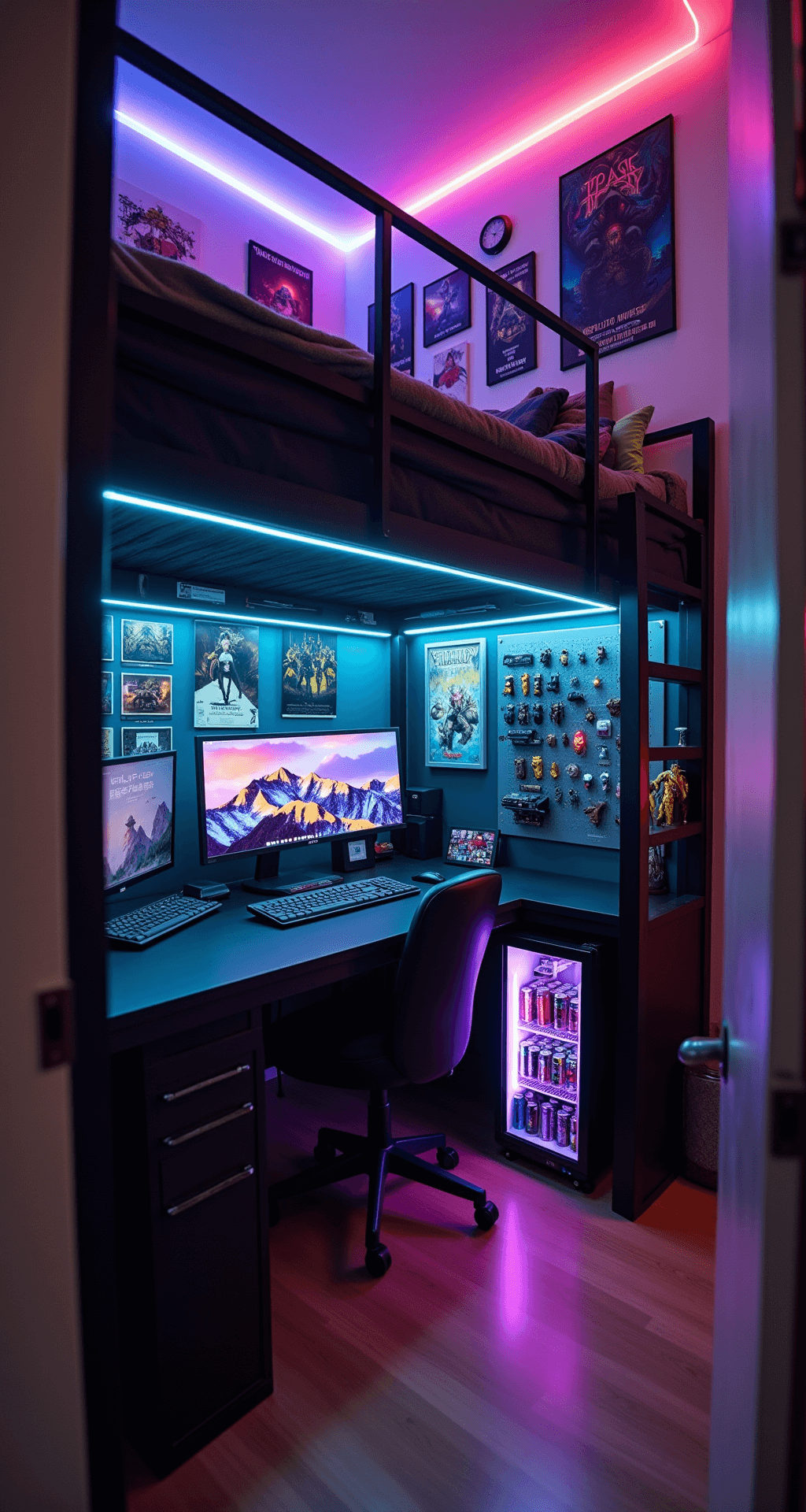 A compact dorm room transformed into a gamer's paradise, featuring a loft bed, RGB LED strips, wall-mounted monitors, a pegboard for peripherals, a collage of gaming posters, and a mini-fridge in moody lighting with vibrant neon accents.