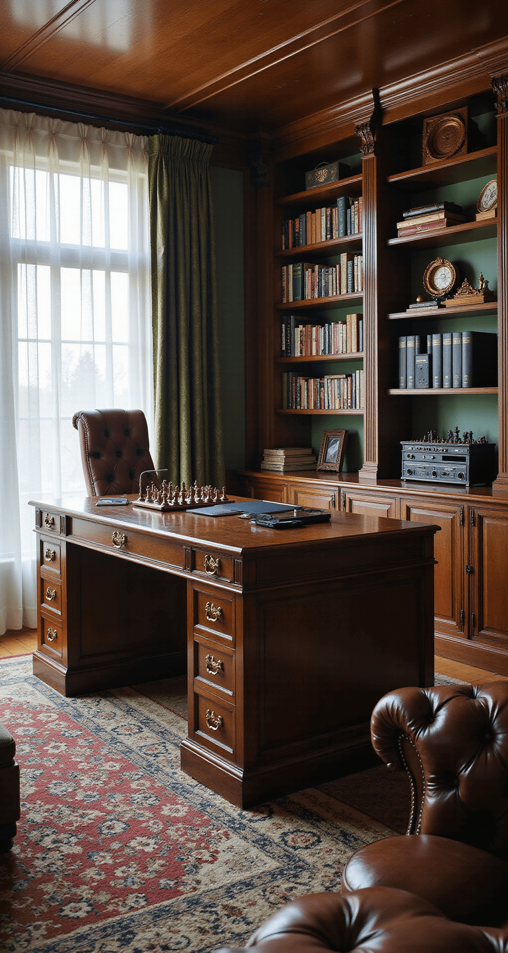 An elegant home office and gaming retreat featuring a large mahogany desk with work and gaming setups, built-in bookshelves filled with books and gaming collectibles, a vintage chess set, and a cozy leather chesterfield sofa, all under soft morning light with rich wood tones, deep greens, and subtle gold accents.