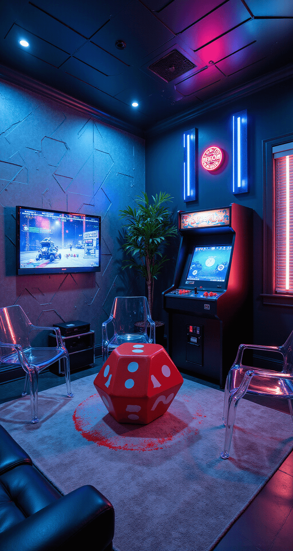 A retro-futuristic game room inspired by 80s sci-fi, featuring neon tube lights and metallic silver geometric wallpaper. A custom-built arcade cabinet and transparent acrylic chairs surround a glass coffee table shaped like a giant D20 die. A wall-mounted TV framed by reactive LED panels enhances the cyberpunk atmosphere, with a dynamic lighting palette of black, silver, and neon blue and pink accents. The slight low angle captures intricate ceiling details, evoking a nostalgic yet futuristic mood at dusk.
