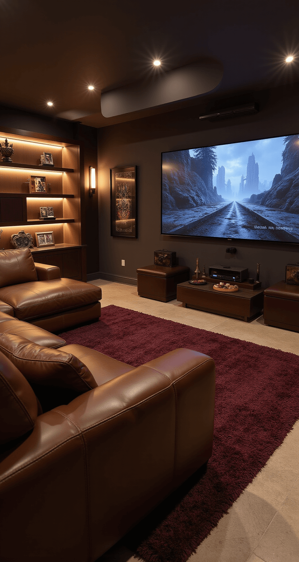 A luxurious gaming lounge at night featuring a large L-shaped brown leather sectional, an 85-inch OLED TV, ambient lighting from smart sconces, a plush burgundy area rug, and a wet bar with illuminated shelves, creating a sophisticated and inviting atmosphere for gaming.