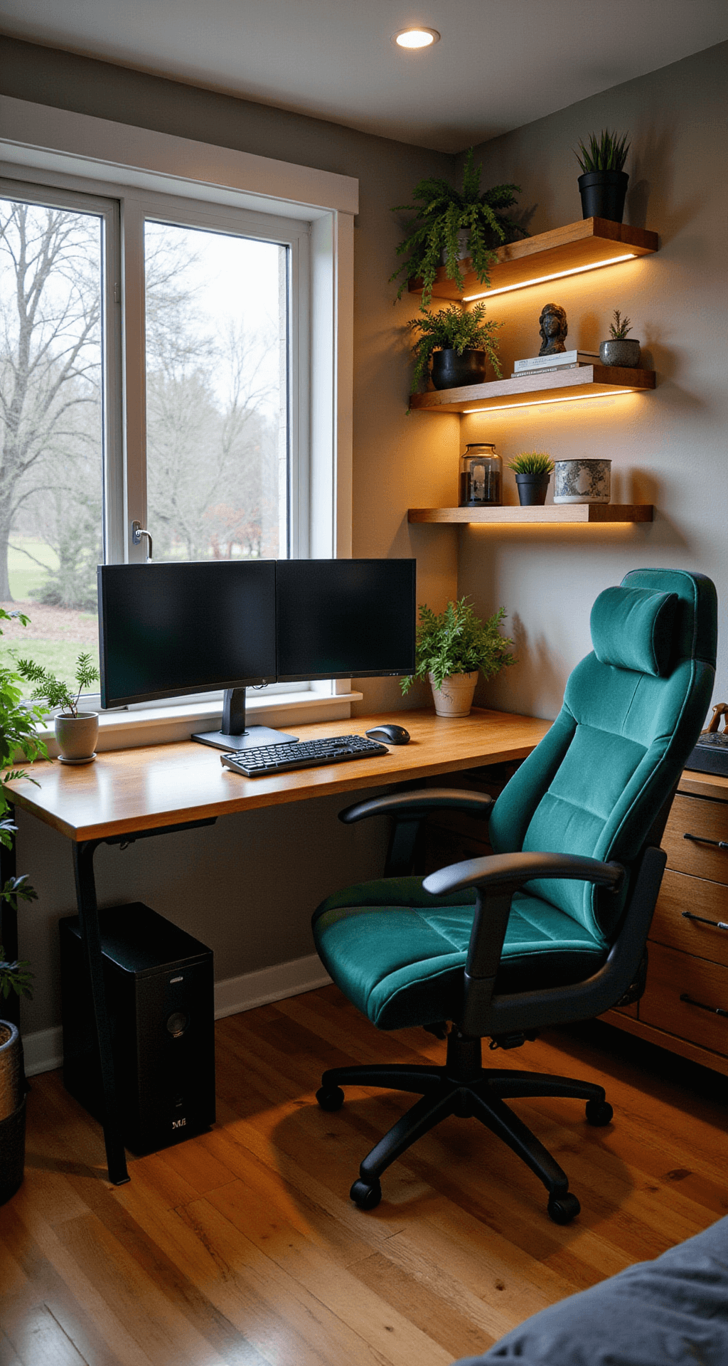 A cozy gaming nook in a 10x12ft bedroom, featuring a contemporary wooden desk with an ultrawide monitor under a window, surrounded by floating wooden shelves, a plush forest green velvet gaming chair, warm white LED strip lighting, and potted plants, all captured in a high-angle shot with natural morning light and subtle artificial fill.