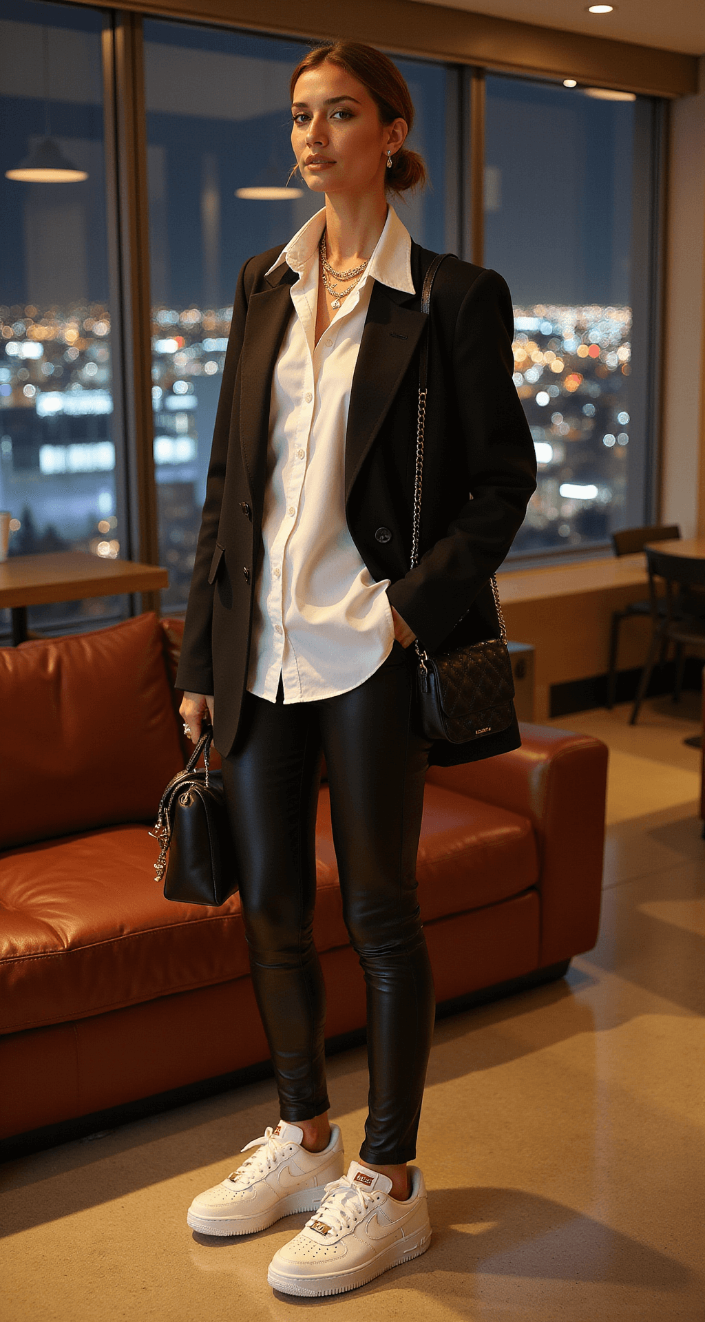 Game Day Glam: Your Ultimate Guide to Basketball Game Outfits (That Actually Work) A stylish model in a luxury arena suite, featuring warm interior lighting and city views, wearing black leather-look leggings, an oversized white shirt, a sleek black blazer, and white Nike Air Force 1s, accessorized with a quilted shoulder bag and layered gold jewelry, her hair in a sophisticated low bun.