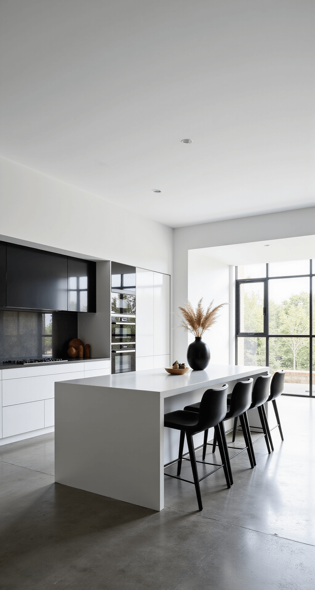 Bloxburg House Ideas: Ultimate 2-Floor Layout Guide for Gamers A modern minimalist Bloxburg kitchen featuring a matte black and white color scheme, with morning light streaming through floor-to-ceiling windows, an 8ft white quartz waterfall island, handle-less white cabinets, integrated appliances, polished concrete floors, and minimal decor of a single oversized black vase with pampas grass.