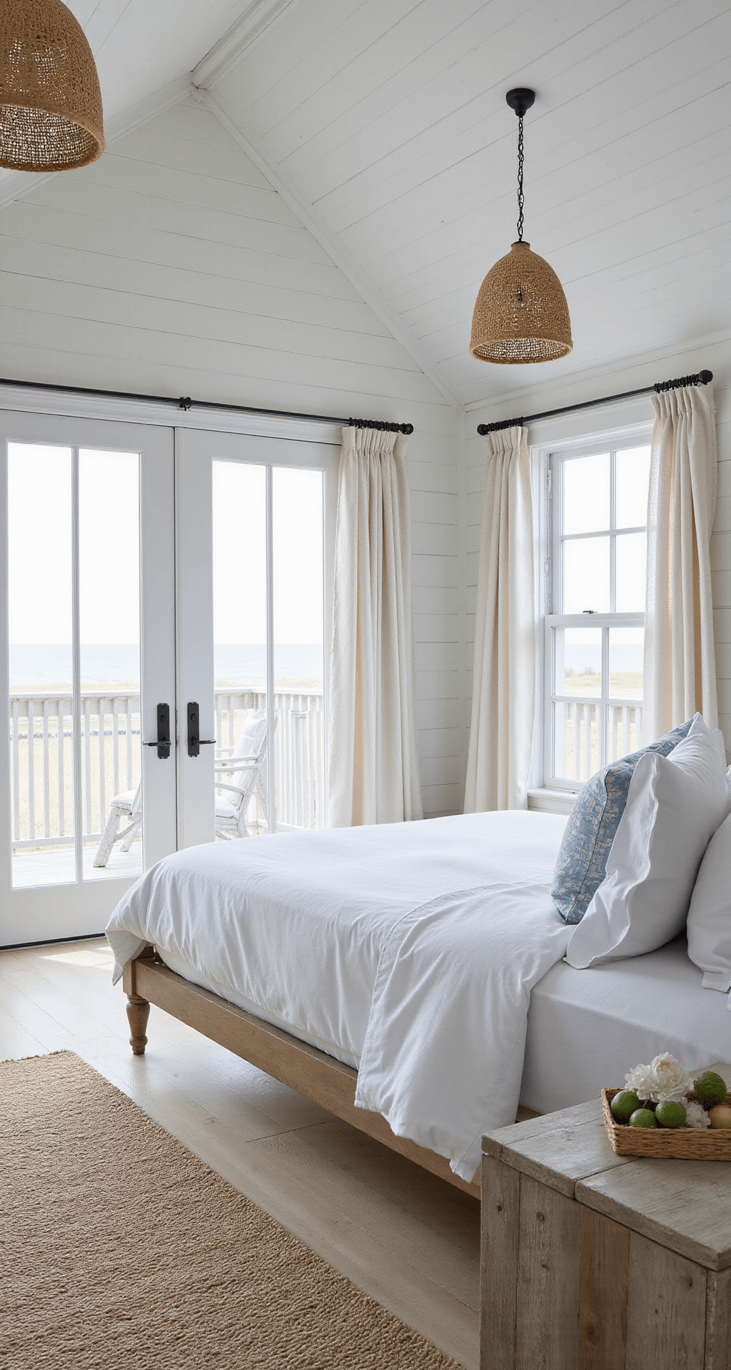 Expansive coastal master suite featuring a vaulted shiplap ceiling, king bed with white linens, and French doors leading to a wraparound veranda, illuminated by morning light filtering through sheer drapes, with a soft color palette and woven pendant lights.