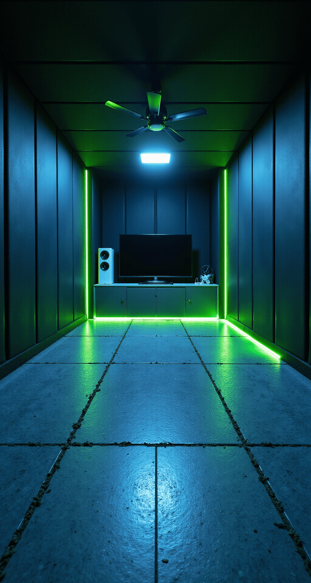 A low-angle view of a compact 10x10ft VR gaming space featuring matte black padded walls, neon green LED outlines, and a retractable ceiling fan. A sleek white storage unit holds VR equipment against the wall, while interlocking foam tiles cover the floor. The room is illuminated by adjustable theatrical spotlights, creating a futuristic and energetic atmosphere.