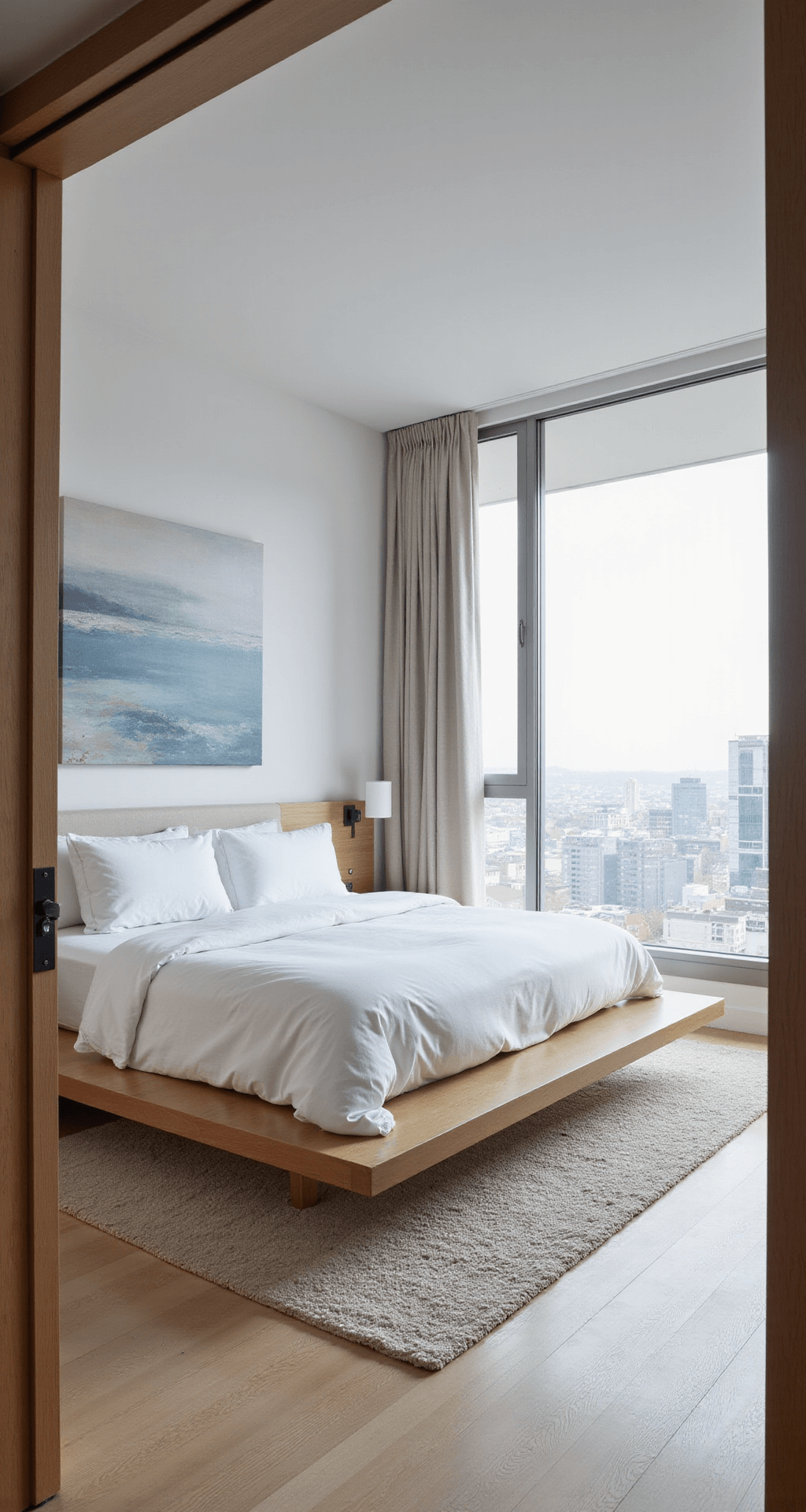 A modern minimalist bedroom featuring a king-size platform bed with white linens, light oak flooring, and large windows showcasing a city view, all illuminated by soft morning light.