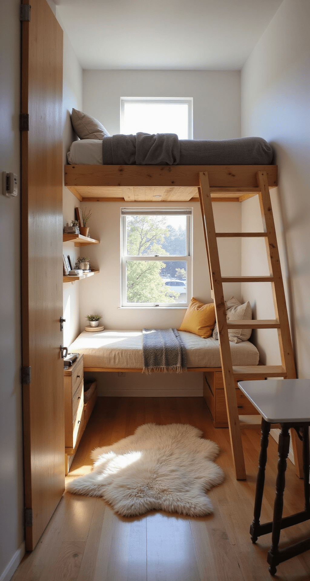 A cozy micro-bedroom featuring a lofted twin bed with a built-in desk underneath, warm afternoon light streaming through a small window, white walls, light wood tones, wall-mounted shelves, a fold-down table, and a plush sheepskin rug, all captured from the entrance at eye level to highlight the efficient use of vertical space.