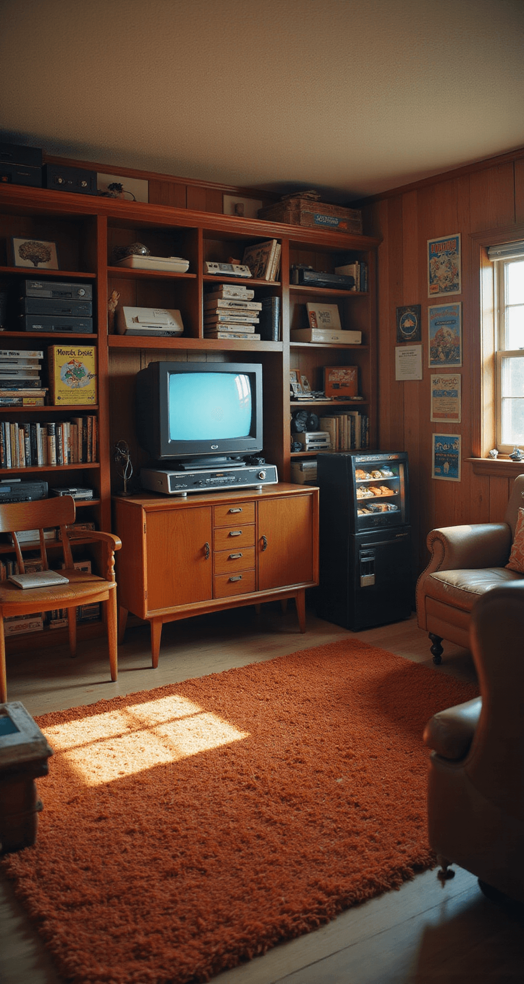 A cozy retro gaming den featuring a vintage CRT TV on a mid-century console, surrounded by shelves of classic consoles and cartridges, a worn leather armchair, shag rug in burnt orange, wood paneling, and vintage gaming posters, all illuminated in soft, warm afternoon light.