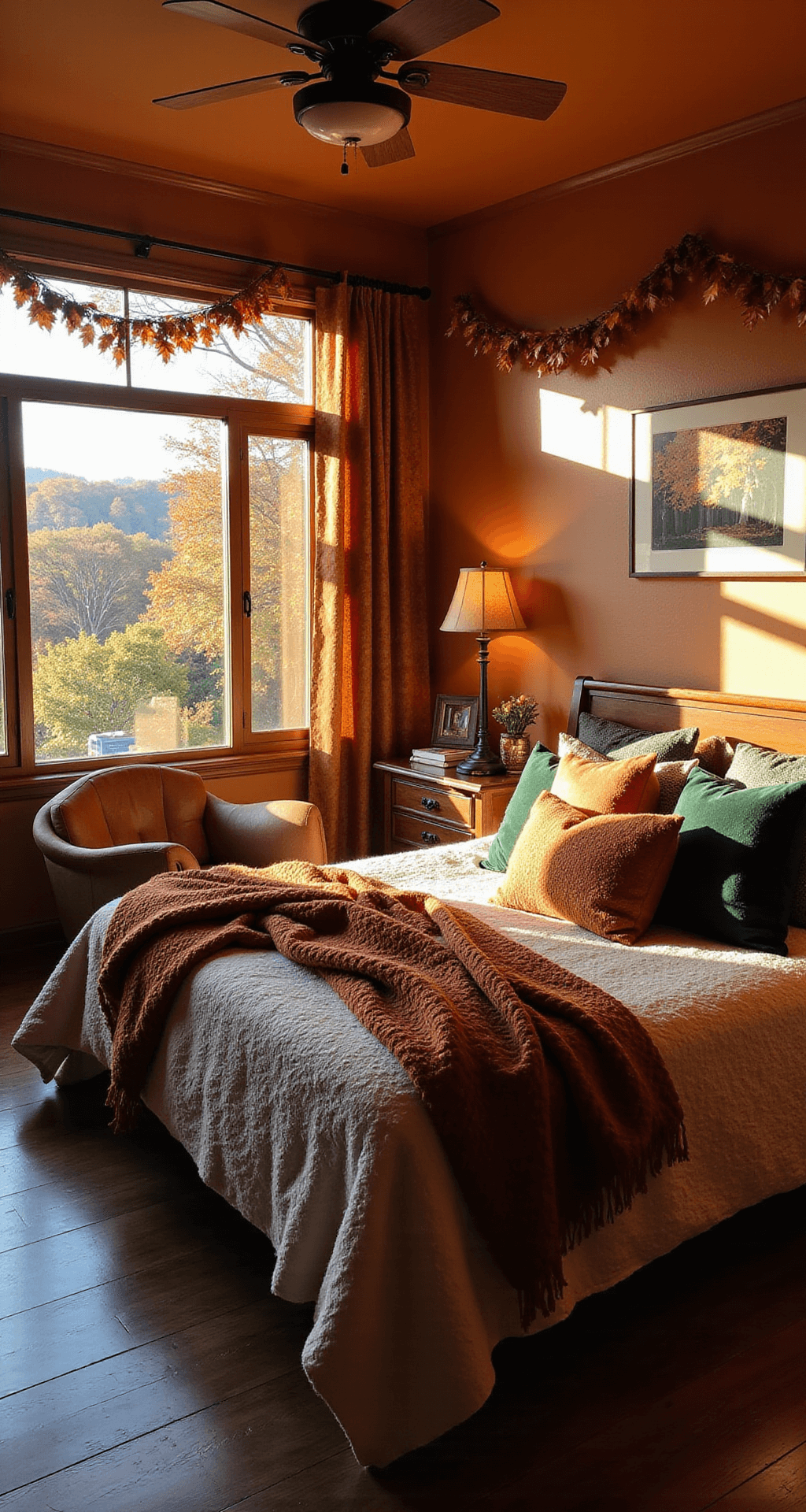 A fall-themed bedroom with amber walls and dark wood flooring, featuring a queen-size bed with knit blankets and velvet pillows in rust and green hues. Dried leaf garlands and fairy lights adorn a large window, while a cozy reading nook includes a leather armchair and floor lamp, all bathed in golden hour light.