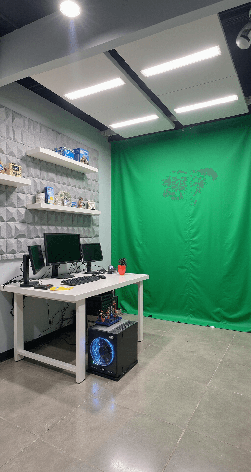 A modern streaming studio featuring a green screen wall, a sleek white desk with dual monitors, professional lighting equipment, and geometric acoustic foam panels. Floating shelves showcase gaming awards, while cable management keeps the area tidy. Smart LED panels offer customizable ceiling lighting in a clean, predominantly white and light gray color scheme.