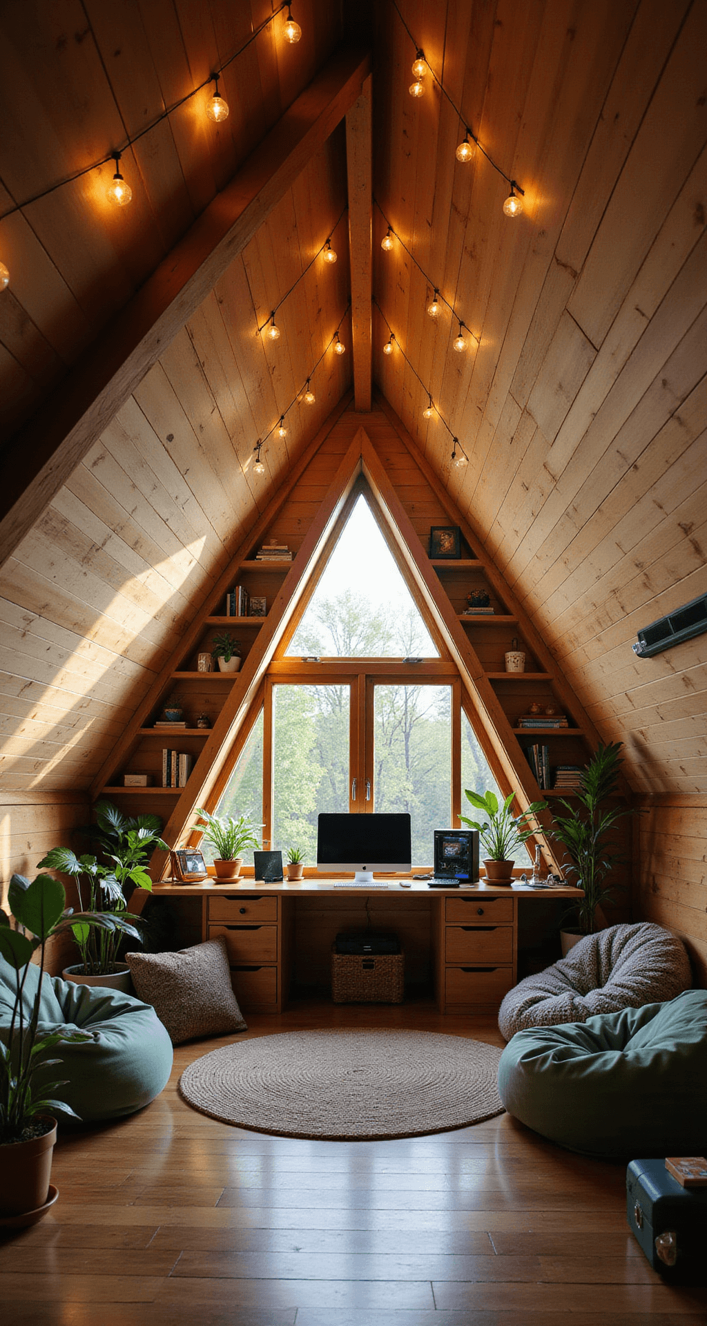 Cozy gaming loft with slanted ceilings, large dormer window, warm natural light, custom-built gaming nook, ultrawide monitor, beanbags, floor pillows, and floating shelves with plants and collectibles, all in a tranquil natural wood and soft green color palette.